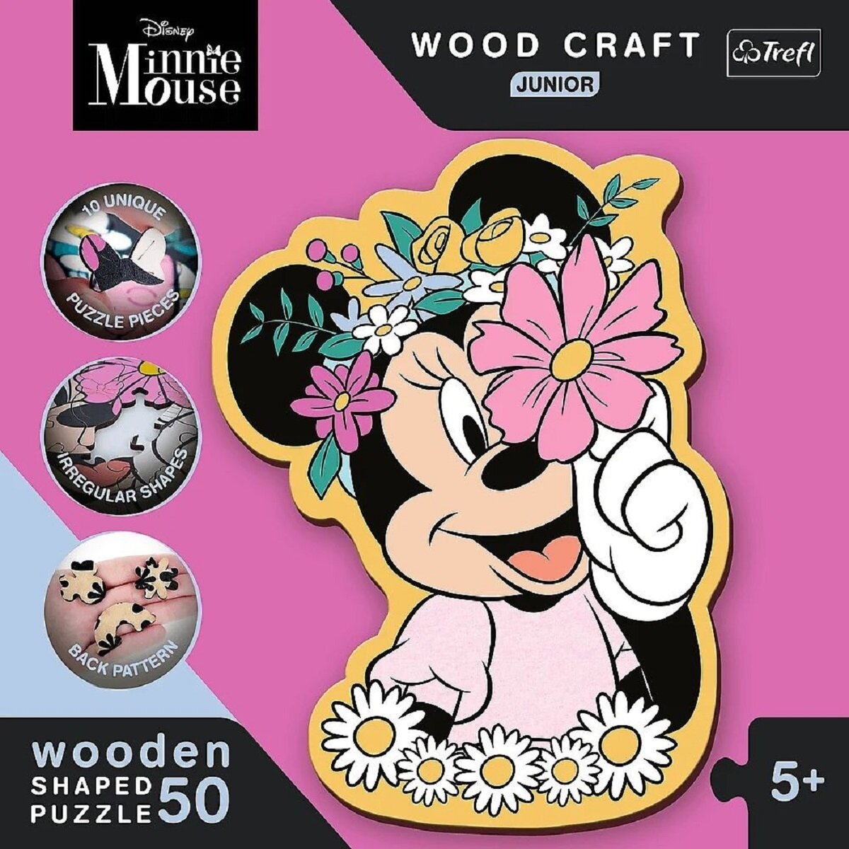 Une boîte de puzzle en bois Minnie Mouse montrant Minnie Mouse avec des fleurs et les mots Wood Craft Junior et 5+.