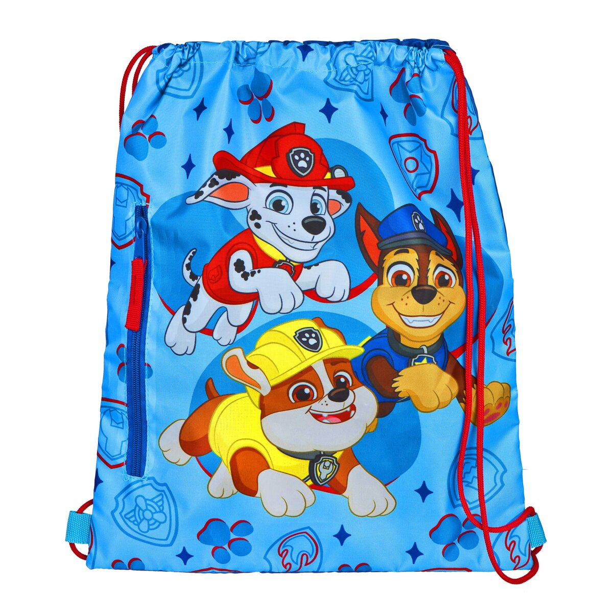 Blauer Kordelzugbeutel mit Paw Patrol-Figuren: Marshall, Chase und Rubble, jeweils in Uniform.