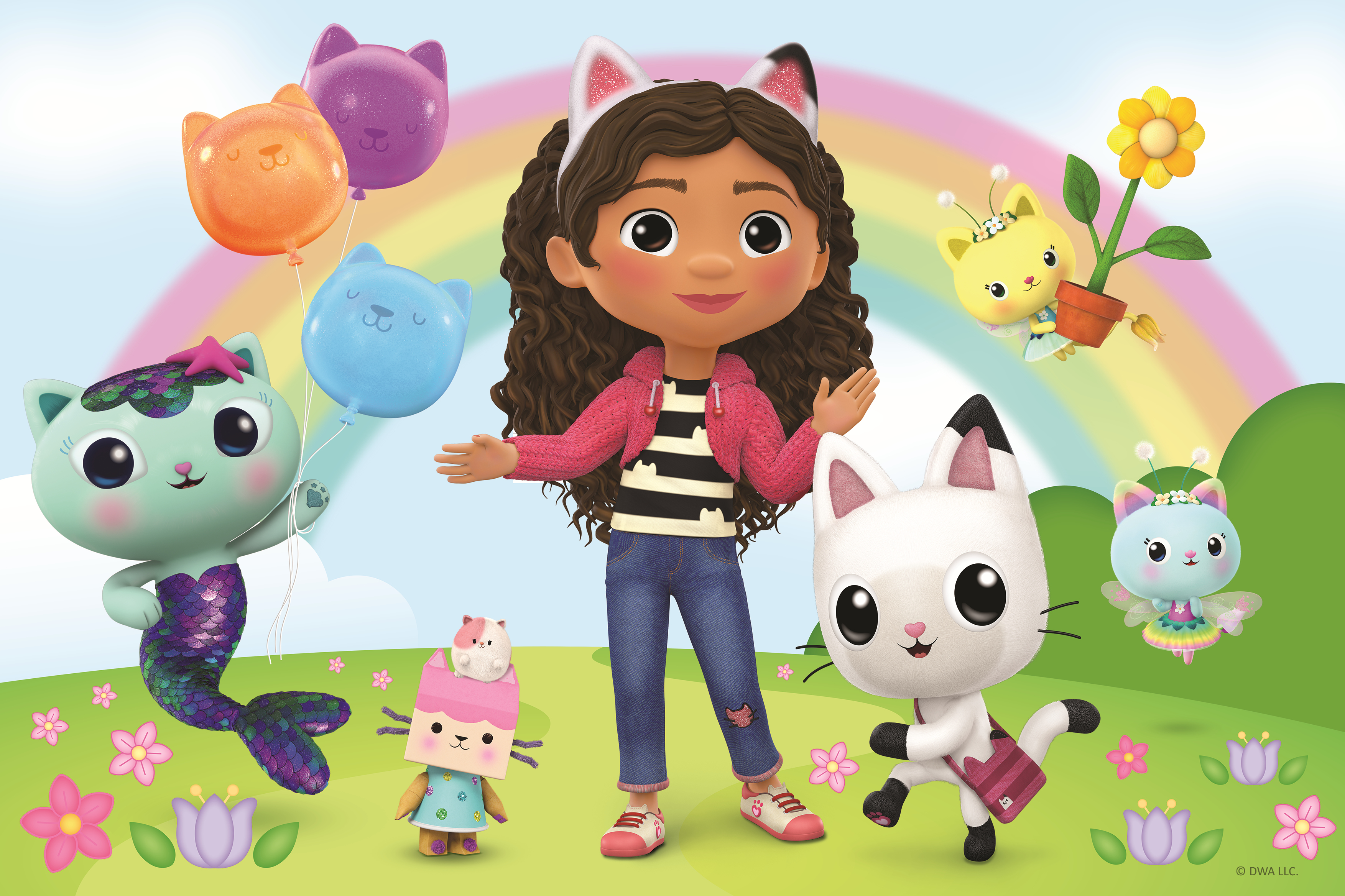 Un'illustrazione colorata di Gabby e dei suoi amici gatti, con palloncini e un arcobaleno.