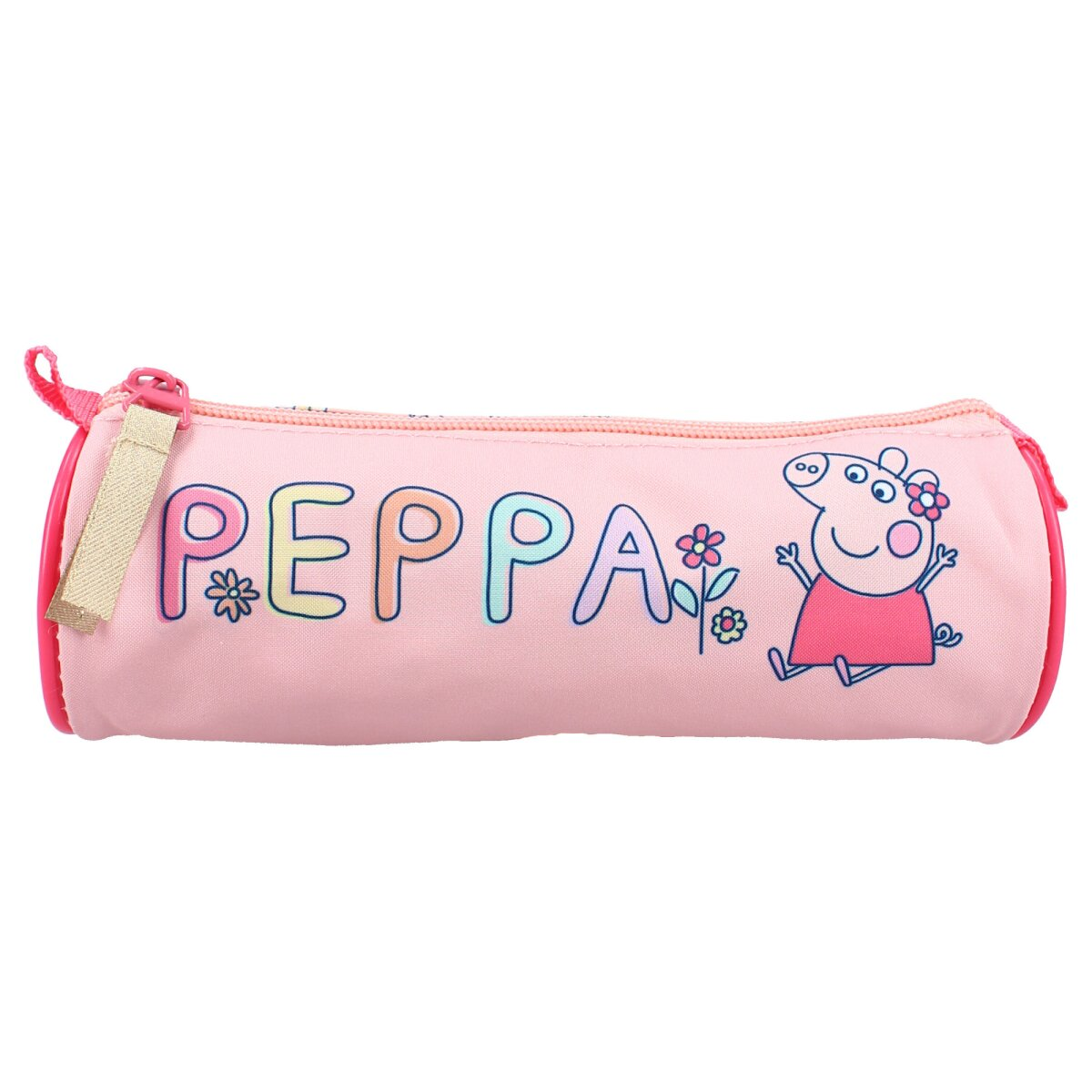 Roze etui met Peppa Pig illustratie, het woord 'Peppa' is in kleurrijke letters geschreven.