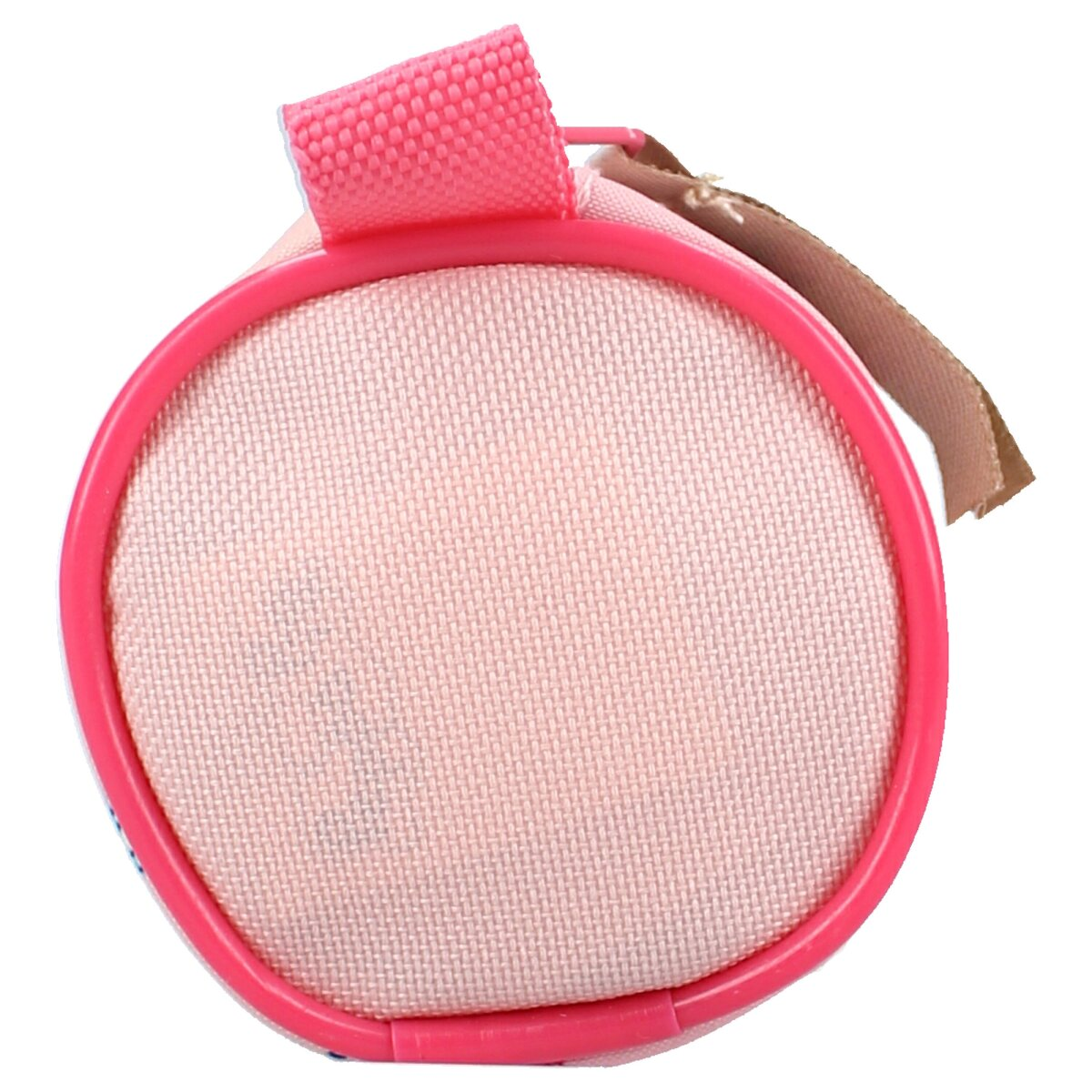 Roze etui, ronde vorm. Roze rand en een roze handvat. Witte achtergrond.