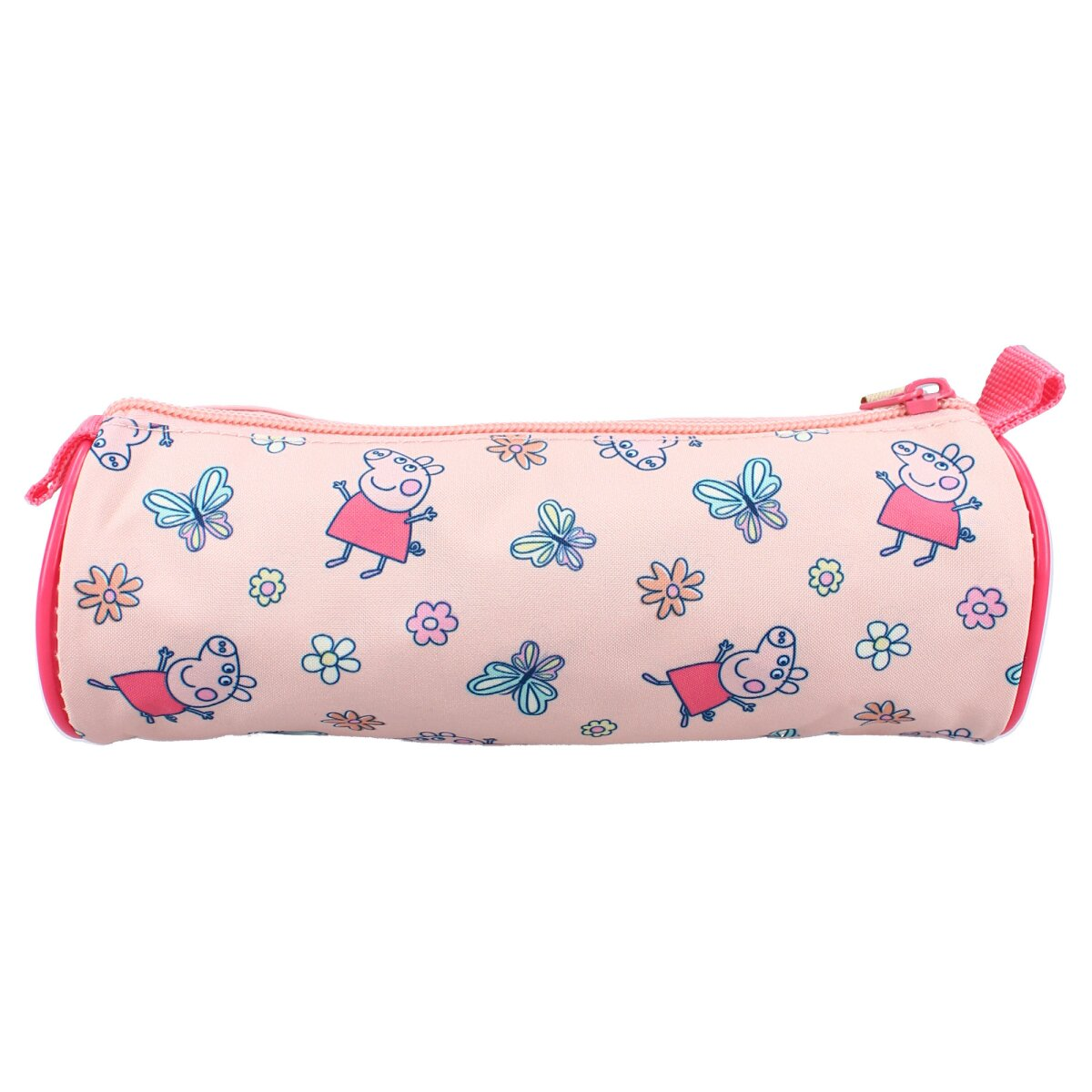Roze Peppa Pig etui met Peppa en vlinders. Roze rits. Witte achtergrond.