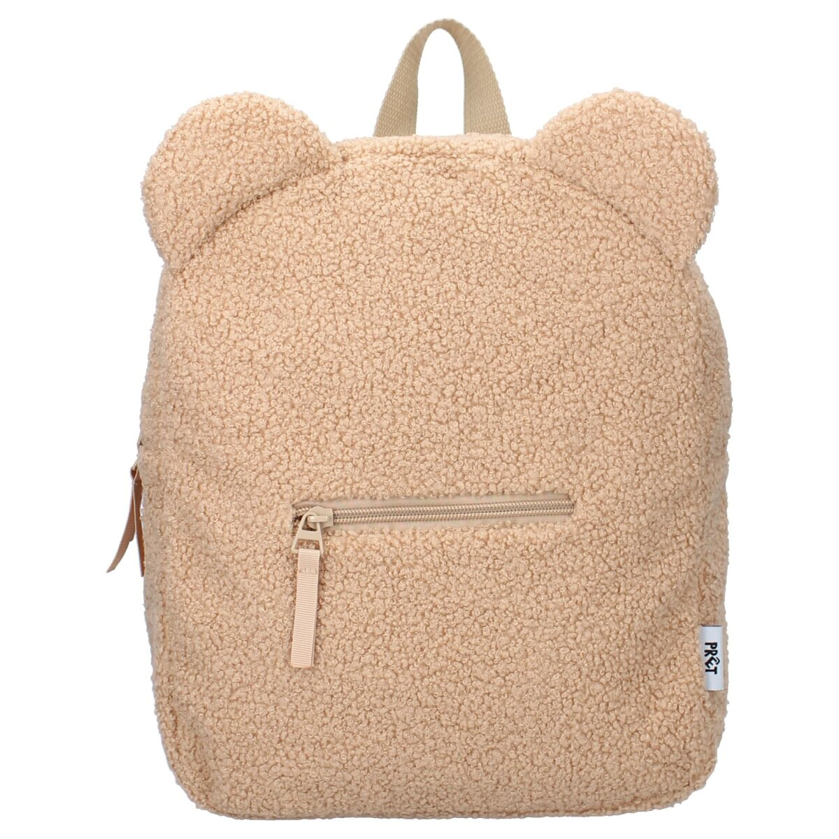 Een beige rugzak in de vorm van een teddybeer. Hij heeft oren, een rits en een klein label.