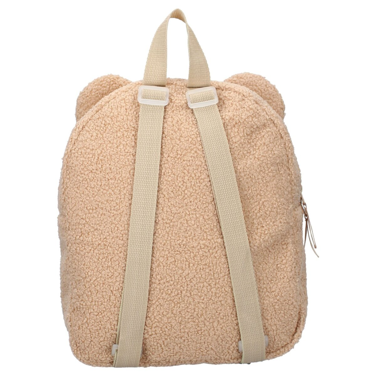 Achterkant van een teddybeer rugzak. Beige, harige textuur, bandjes. Witte achtergrond.