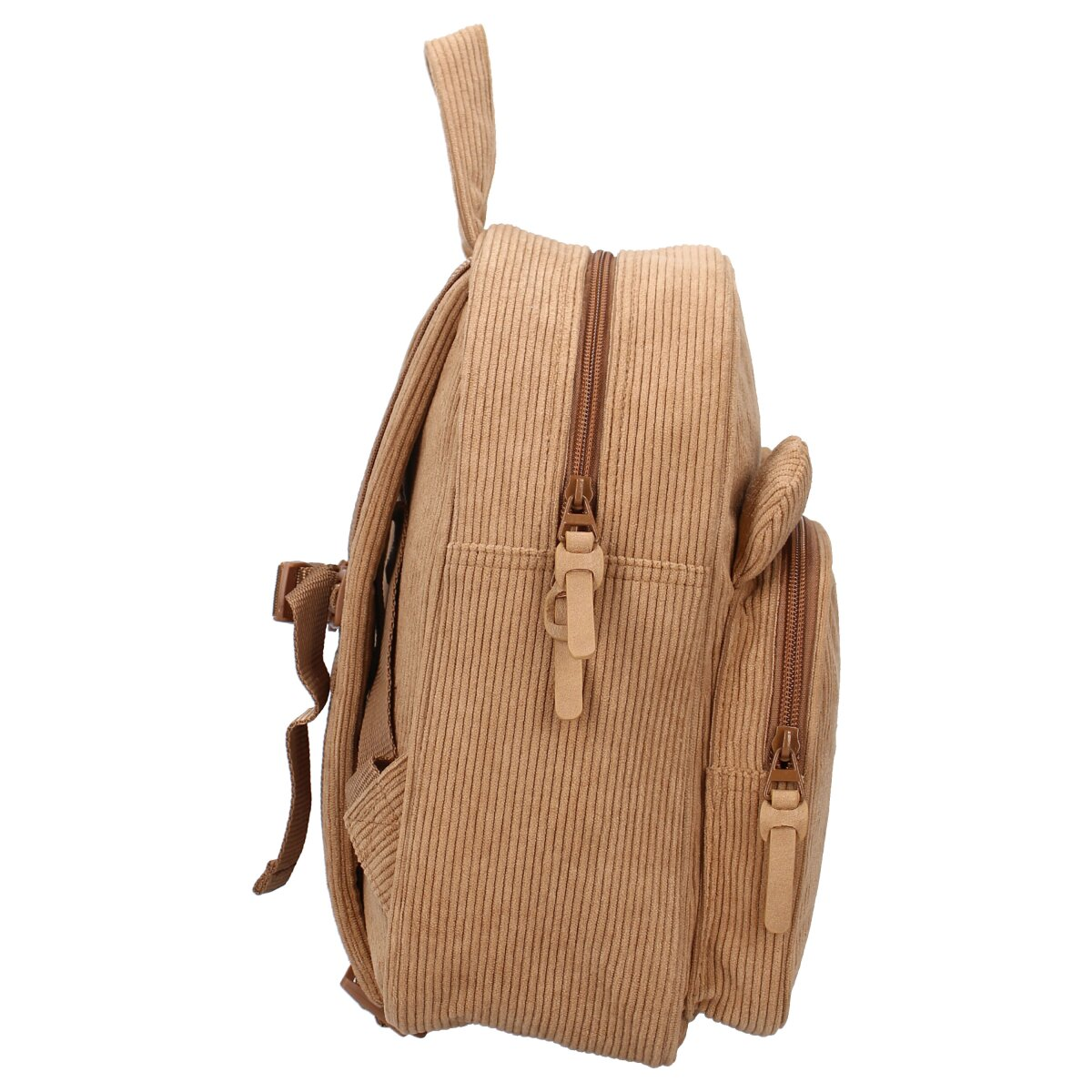 Zijaanzicht van een corduroy rugzak, met twee zakken met ritssluiting en verstelbare riemen. Beige kleur.