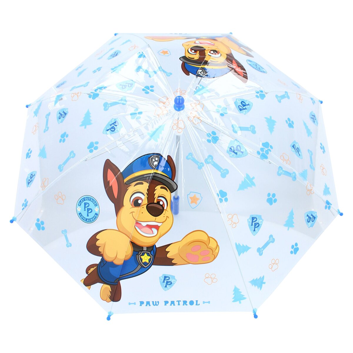 Transparante Paw Patrol paraplu met Chase, blauwe en witte patronen.