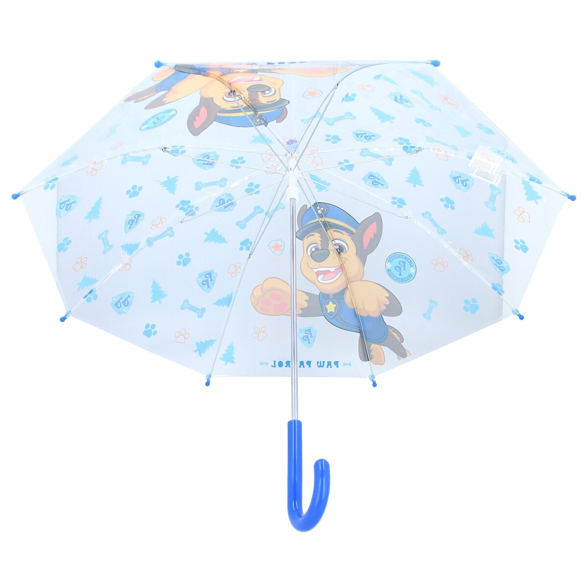 Een open Paw Patrol-paraplu toont Chase. De paraplu is transparant met een blauwe handgreep en accenten.