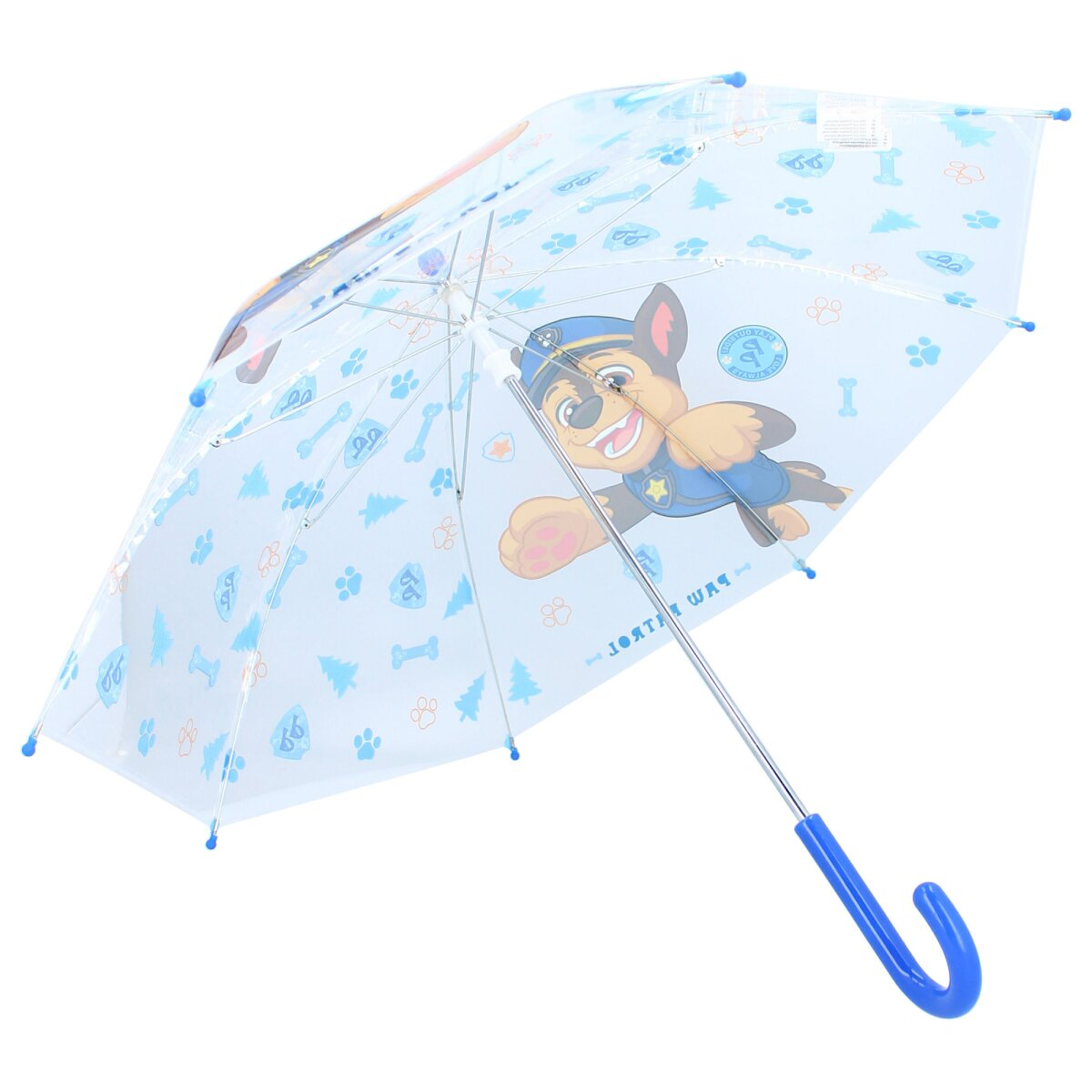 Een Paw Patrol-paraplu toont Chase. De paraplu is transparant met een blauwe handgreep en accenten.