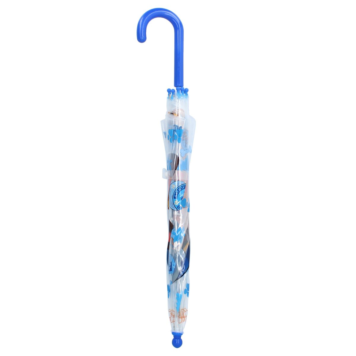 Een blauwe, doorzichtige paraplu met een blauwe handgreep. De paraplu heeft tekeningen. Witte achtergrond.