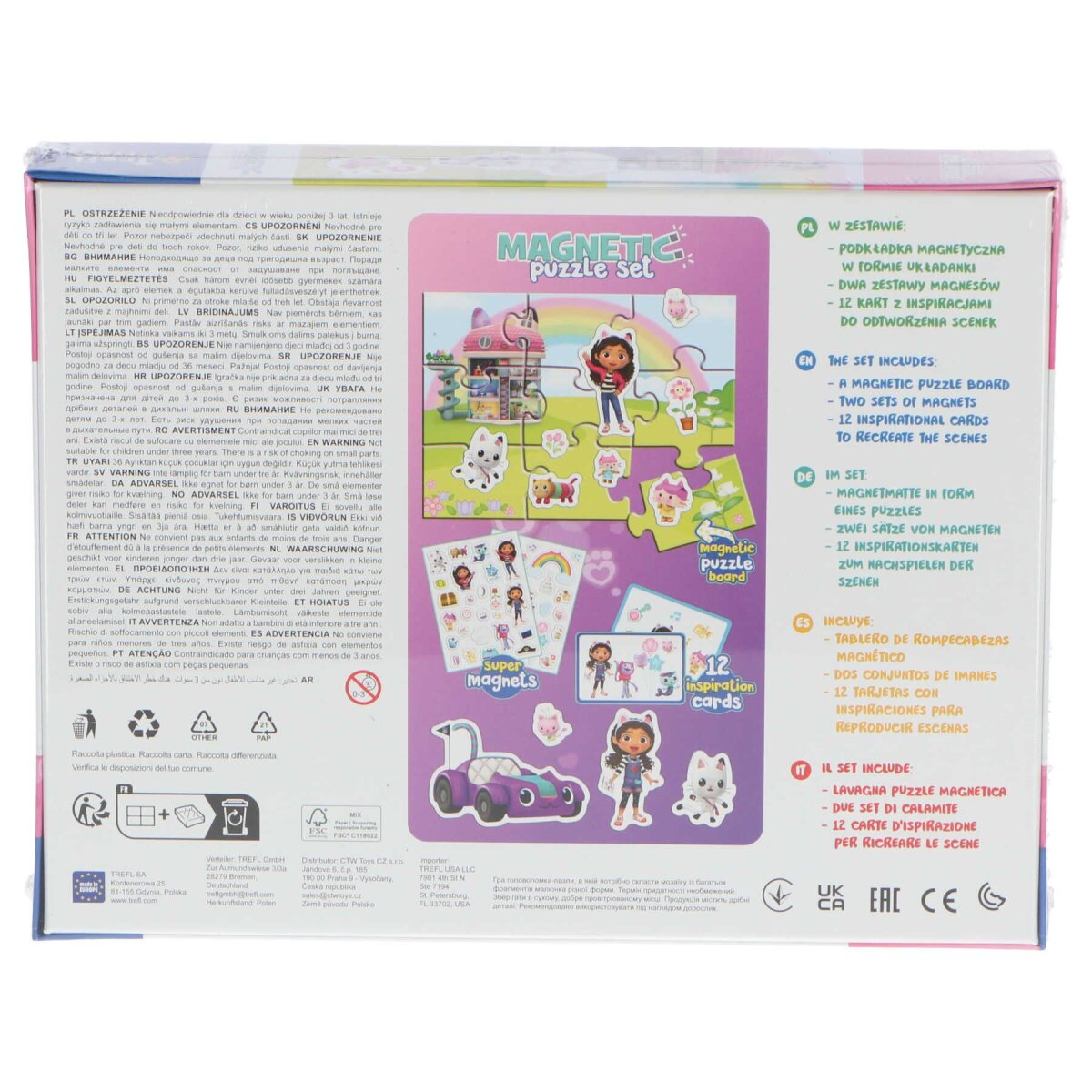 Tył pudełka z magnetyczną układanką Gabby's Dollhouse. Nadrukowane obrazy, tekst i instrukcje.