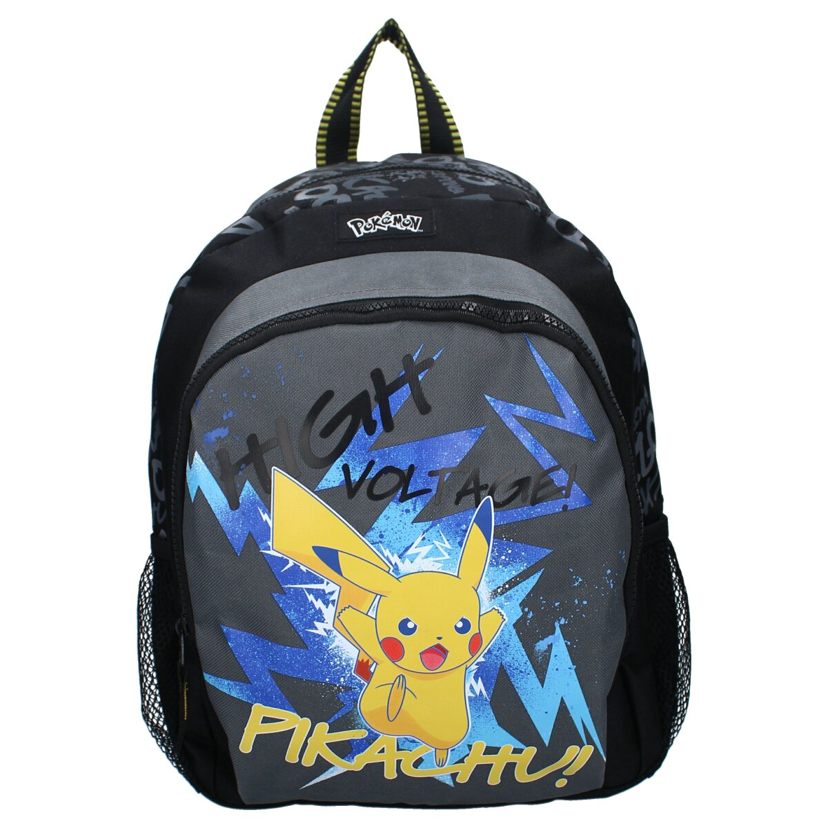 Pikachu rugzak. Pikachu-afbeelding met de woorden 'HIGH VOLTAGE' en 'PIKACHU!'. Zwart-grijze achtergrond.