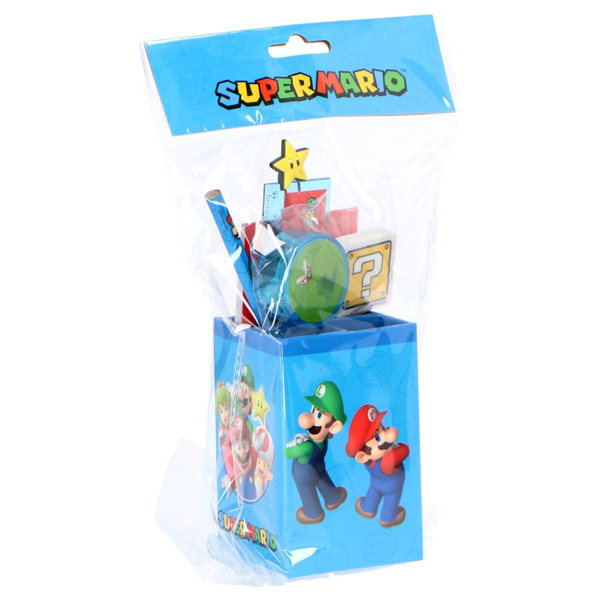 Een blauwe doos met Mario en Luigi erop bevat een potlood, een liniaal, een speeltje en andere schrijfwaren.
