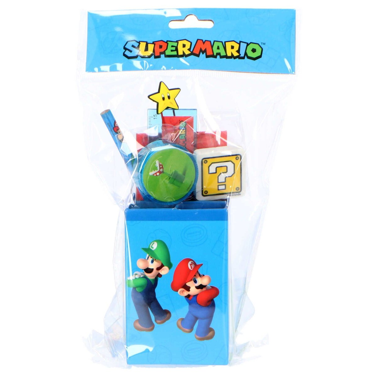 Een blauwe doos met Mario en Luigi erop bevat een potlood, een liniaal, een speeltje en andere schrijfwaren.