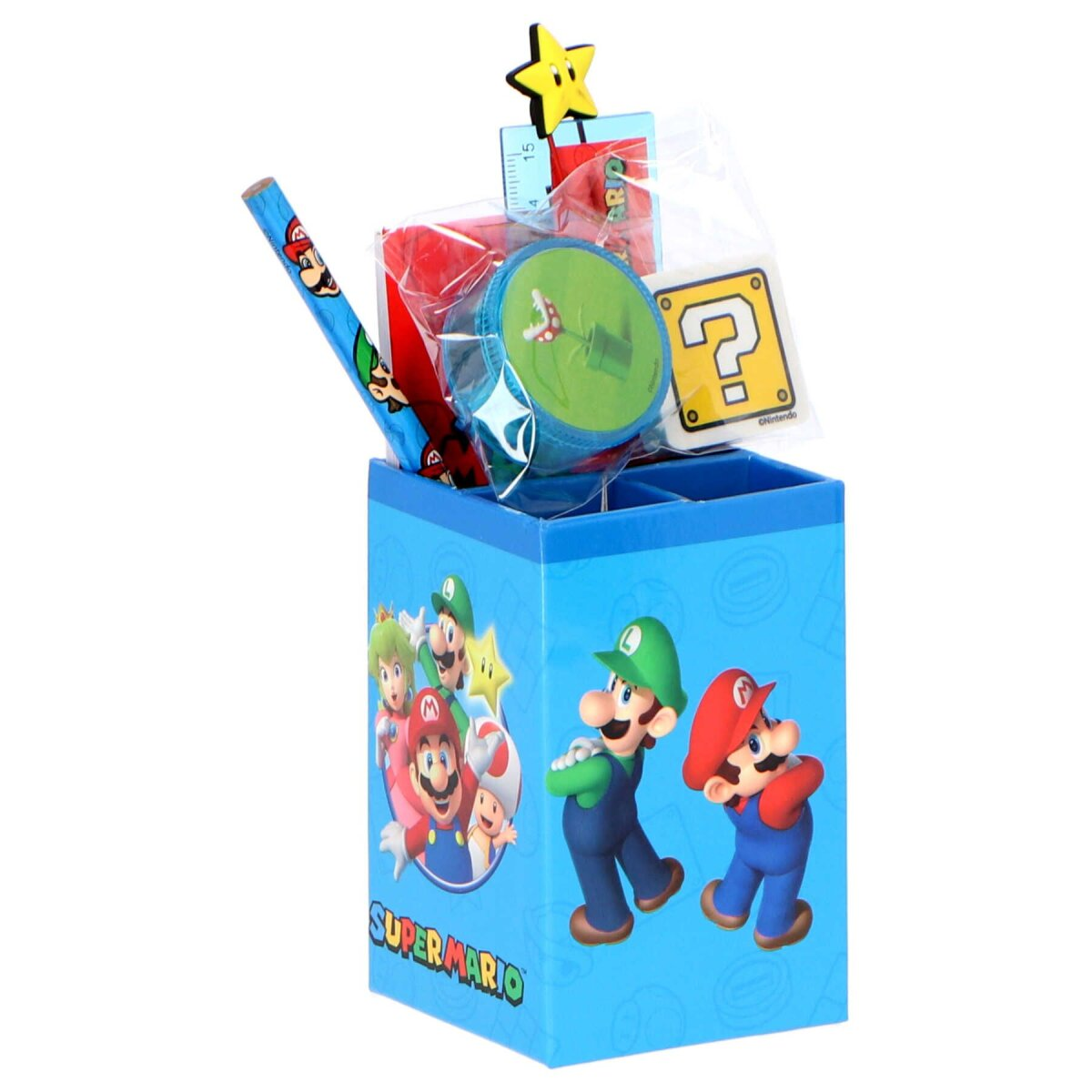 Een blauwe doos met Mario en Luigi erop bevat een potlood, een liniaal, een speeltje en andere schrijfwaren.