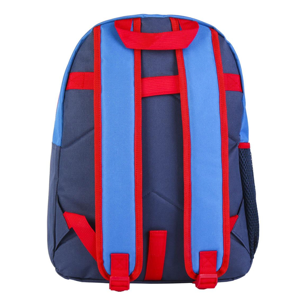 Una mochila azul marino con correas azules y rojas, y un asa roja.