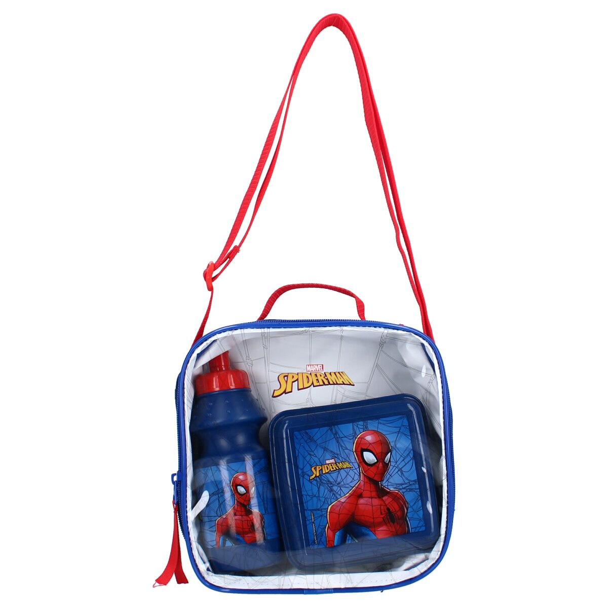 Spider-Man lunchtas met een waterfles en lunchbox. Voorzien van Spider-Man-afbeeldingen.