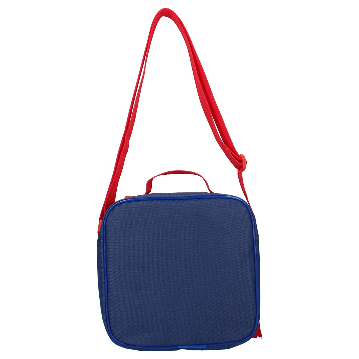 Een marineblauwe lunchtas met een rode riem.