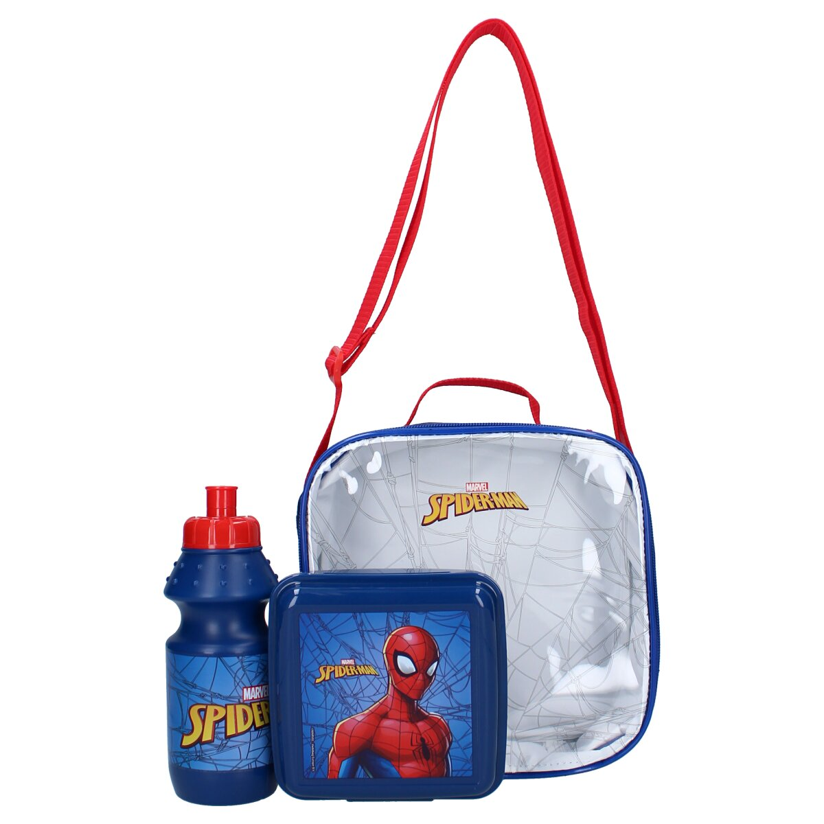 Spider-Man lunchtas set. Bevat een waterfles, lunchbox en een tas met Spider-Man-afbeeldingen.