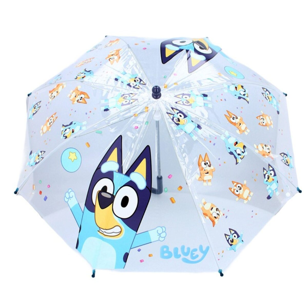 Bluey-thema transparante paraplu met cartoonfiguren erover.