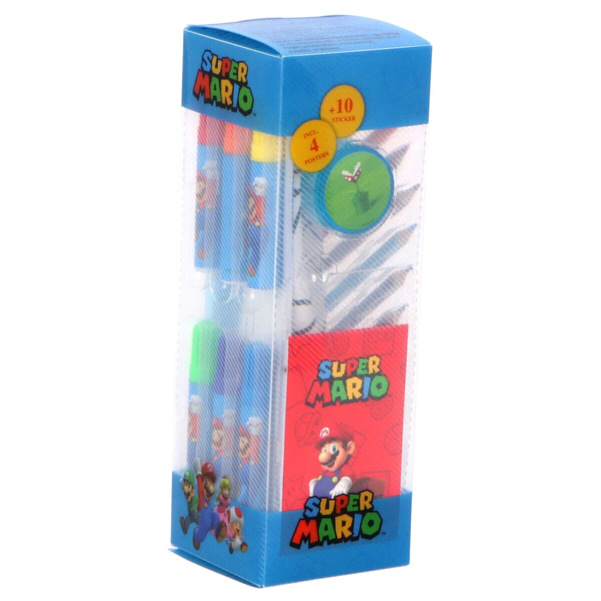 Een Super Mario etui met potloden, posters en stickers in een doorzichtige doos.