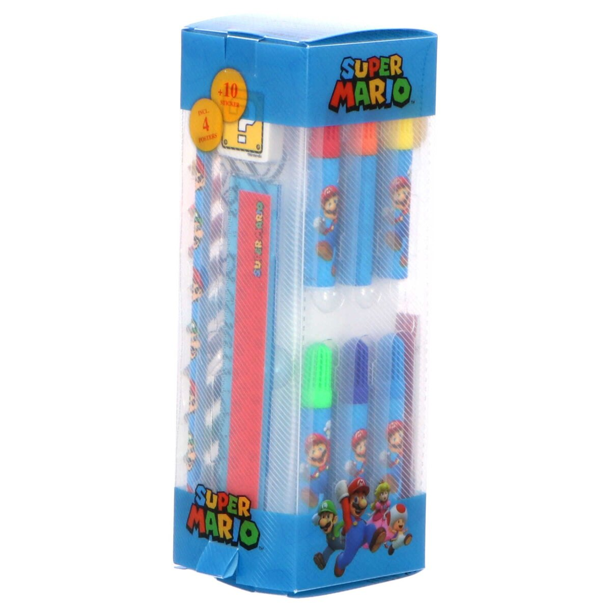 Super Mario-schrijfgerei in een blauwe doos, inclusief pennen, potloden en stickers.
