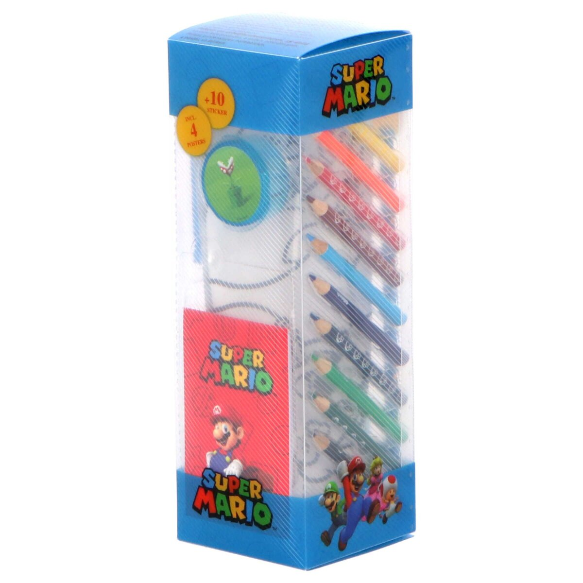 Een Super Mario etui met potloden, posters en stickers in een transparante doos.