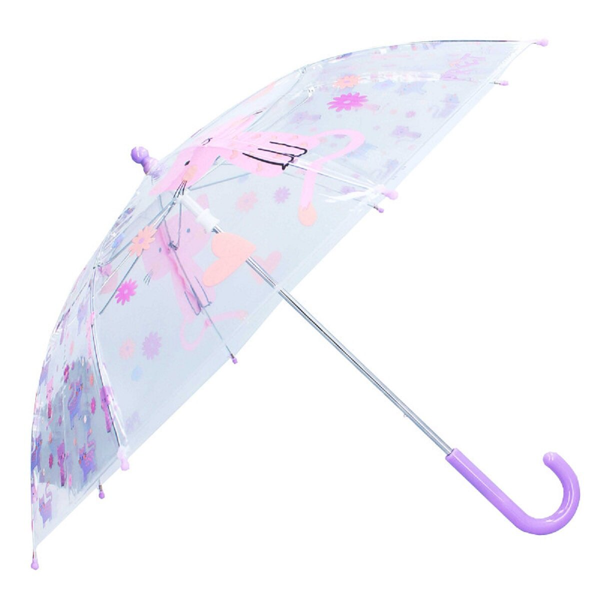 Un paraguas transparente con patrones florales y de corazón rosas y morados. Tiene un mango y una parte superior rosas.