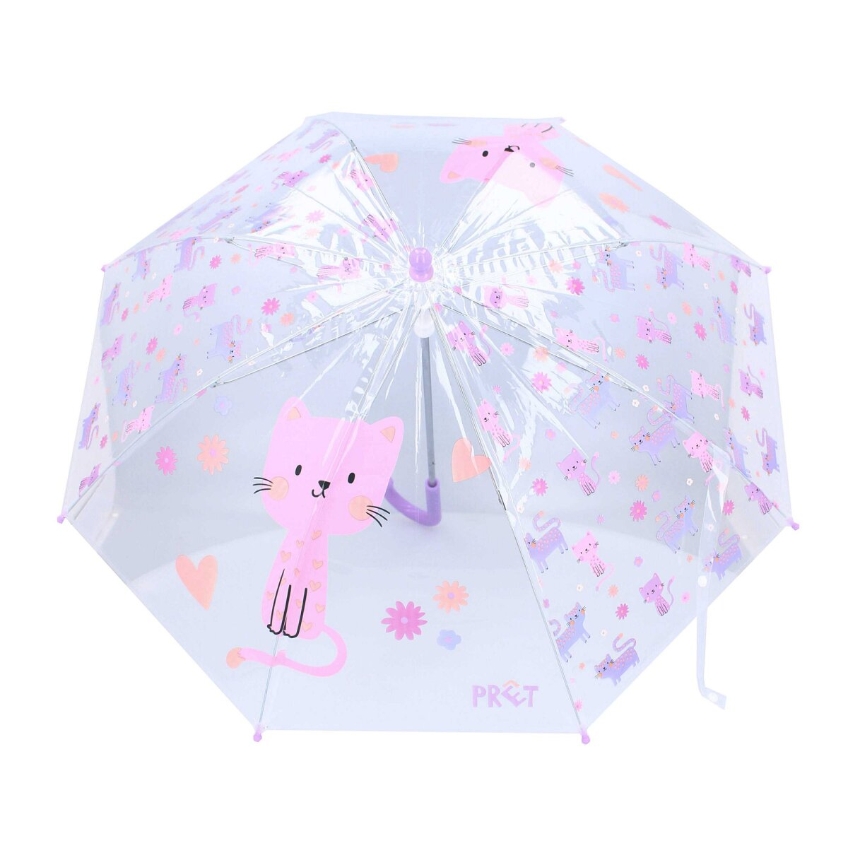 Un paraguas transparente abierto con un diseño de gato rosa, patrones de flores y un mango morado.