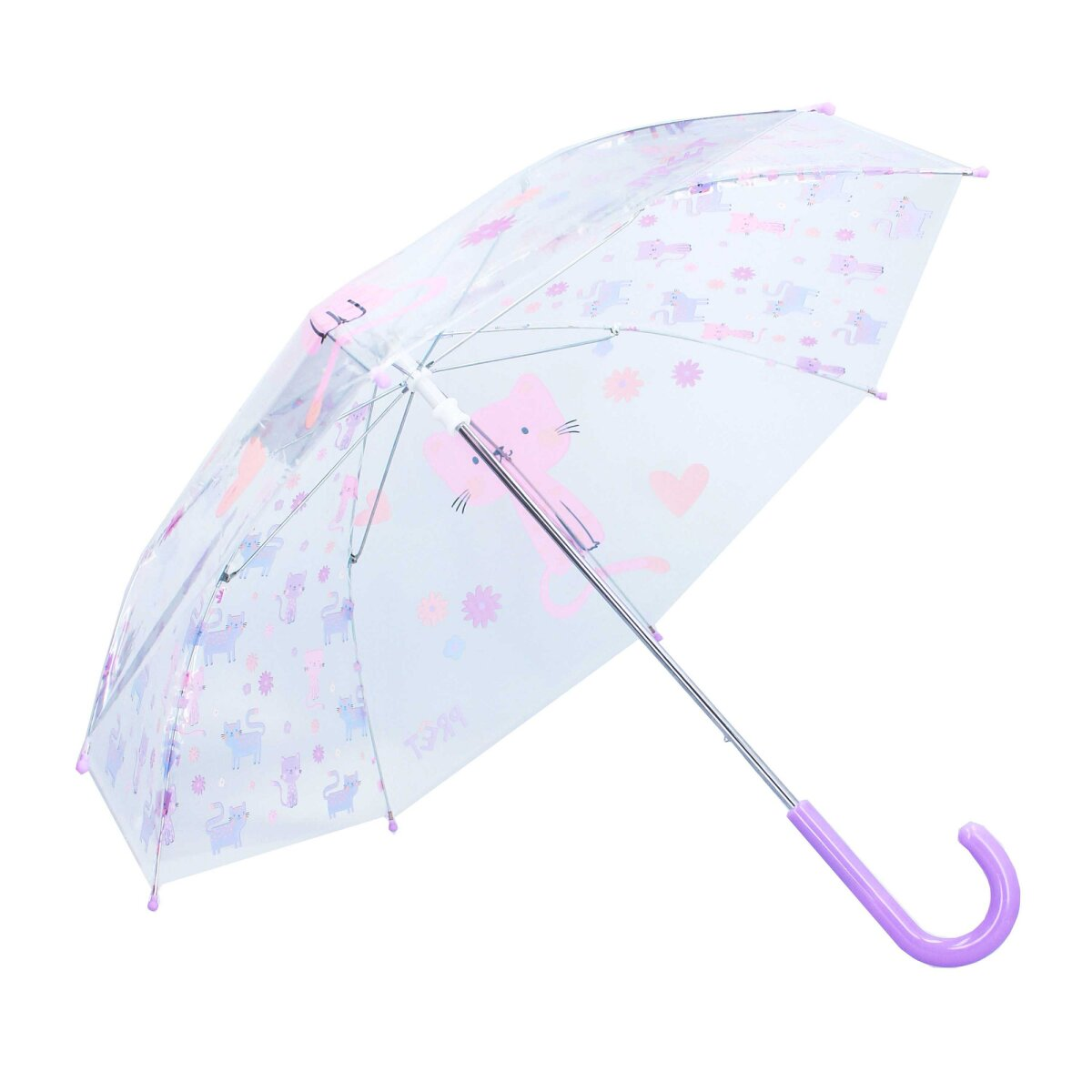 Un paraguas transparente con patrones de gato y flores en rosa, morado y blanco. Tiene un mango morado.