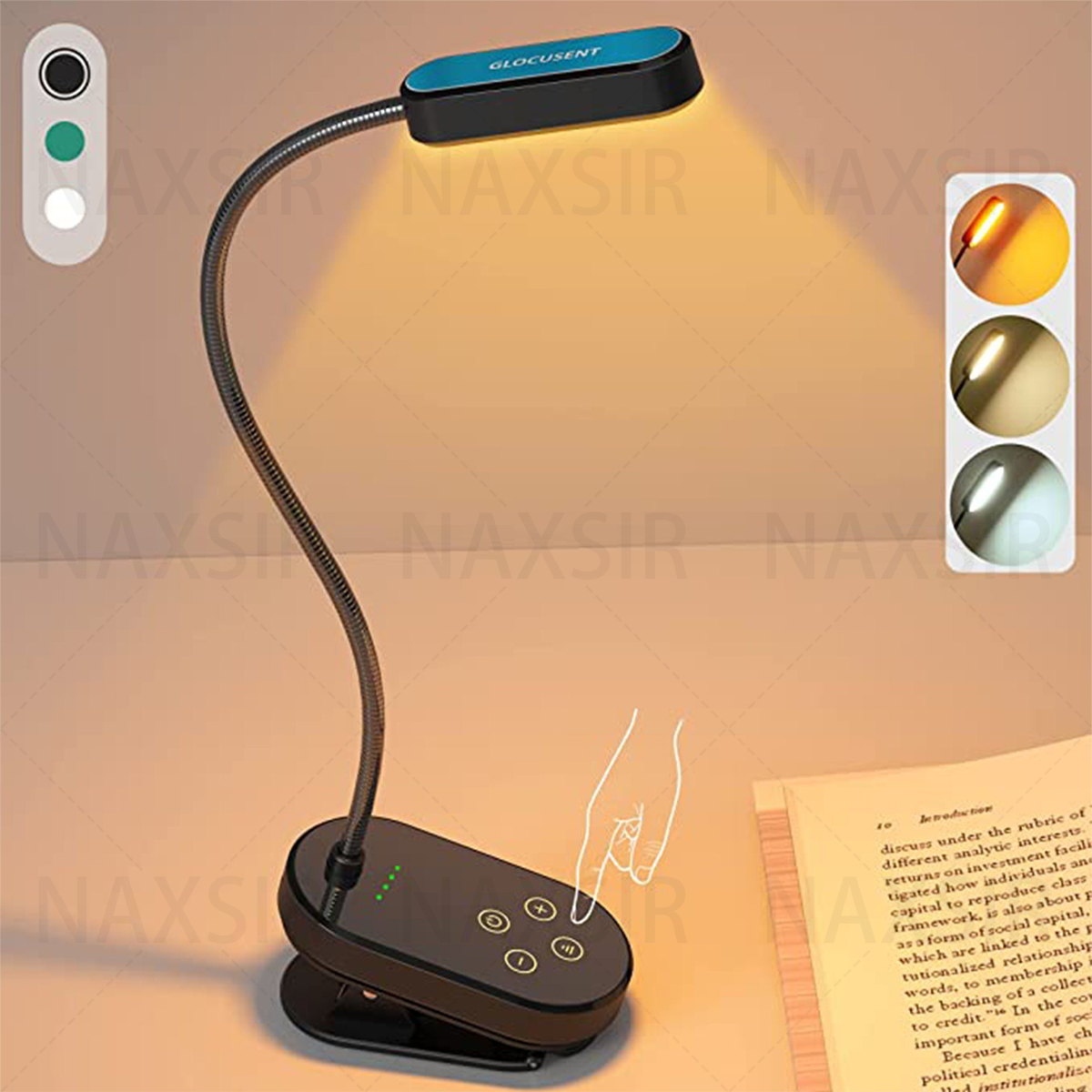 Eine schwarze LED-Leselampe zum Anklemmen. Flexibler Hals, Bedientasten und blauer Akzent. Beleuchtete Buchseiten.