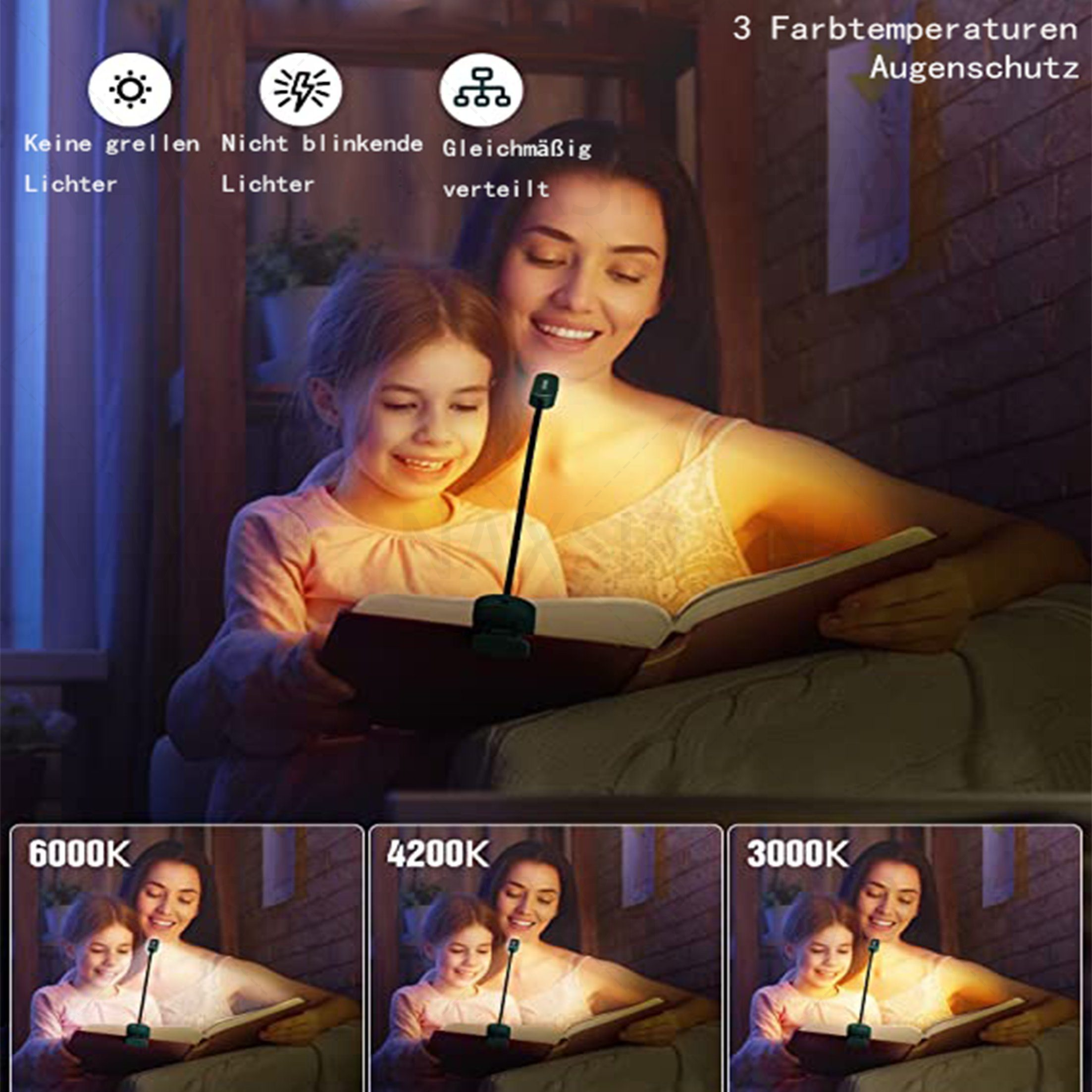 Eine Frau und ein Mädchen lesen unter einer Schreibtischlampe ein Buch. Die Lampe hat einen flexiblen Hals.