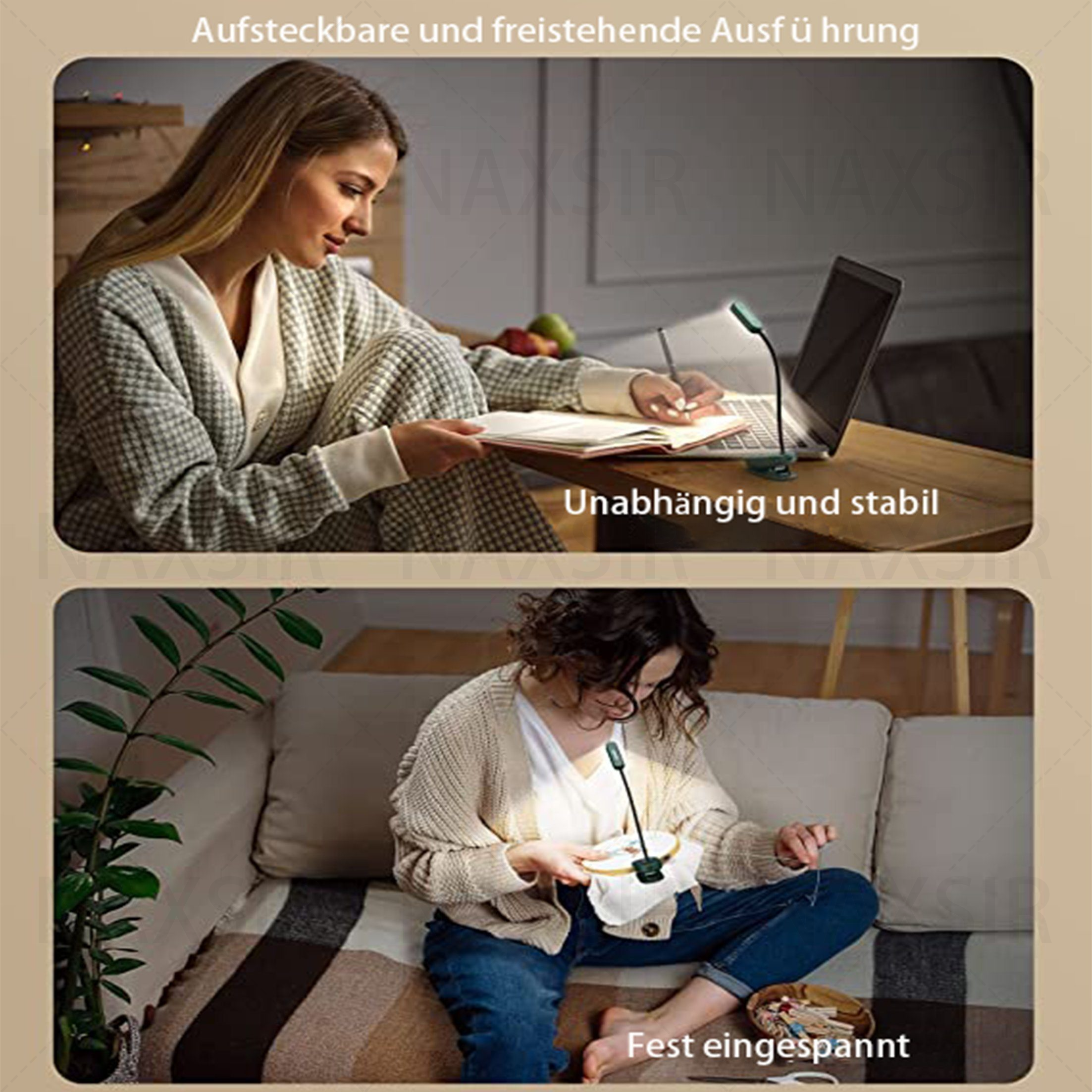 Eine Frau, die eine Leselampe mit Clip benutzt, während sie auf einem Sofa sitzt. Die Lampe beleuchtet das Buch und die Frau ist entspannt.