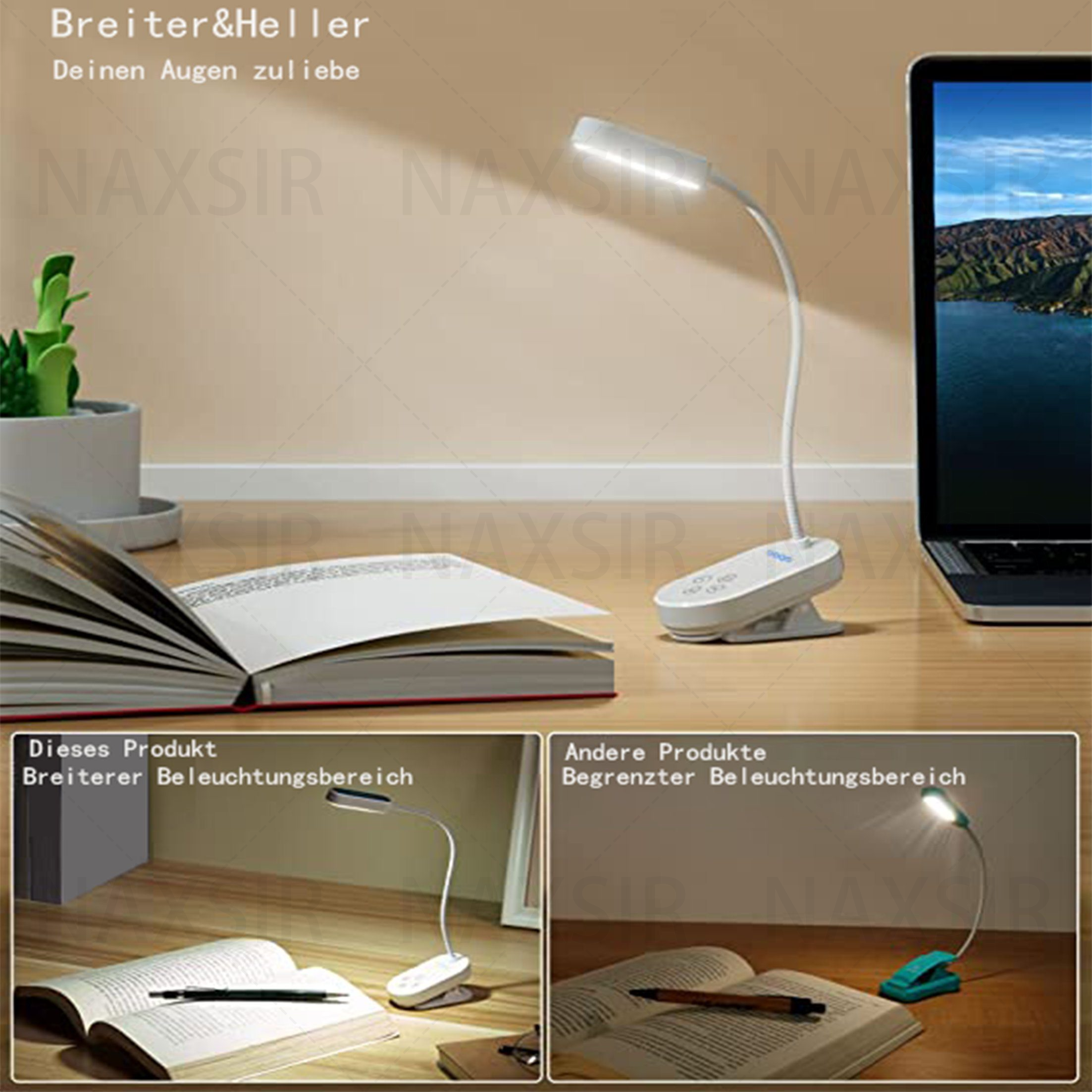 Eine Schreibtischlampe steht auf einem Schreibtisch mit einem Buch und einem Laptop. Die Lampe ist an und auf das Buch gerichtet.