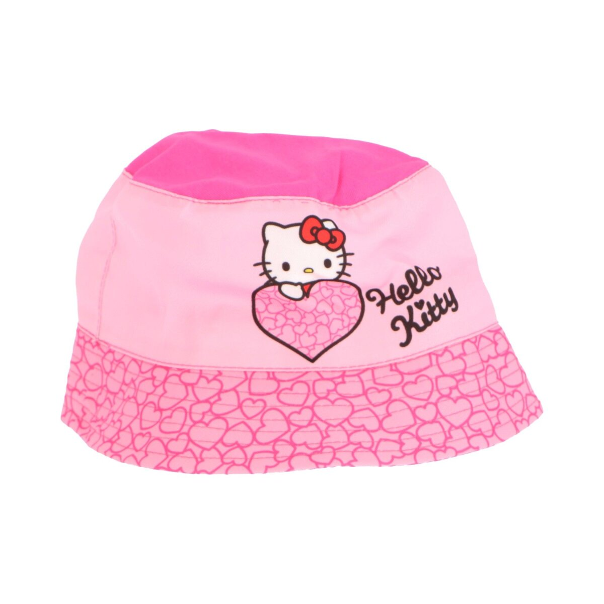 Rosa Hello Kitty Eimerhut. Der Hut hat ein Hello Kitty Design mit einem Herzen. Der Hut hat eine rosa Rüsche.