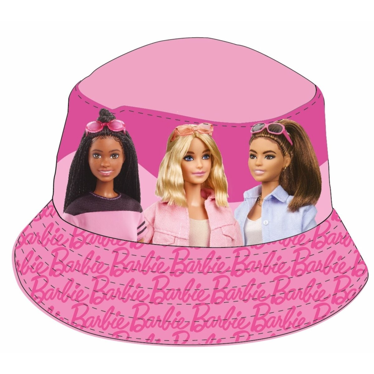Rosa Barbie Eimerhut. Der Hut zeigt Barbie-Puppen. Das Wort "Barbie" steht auf dem Hut.
