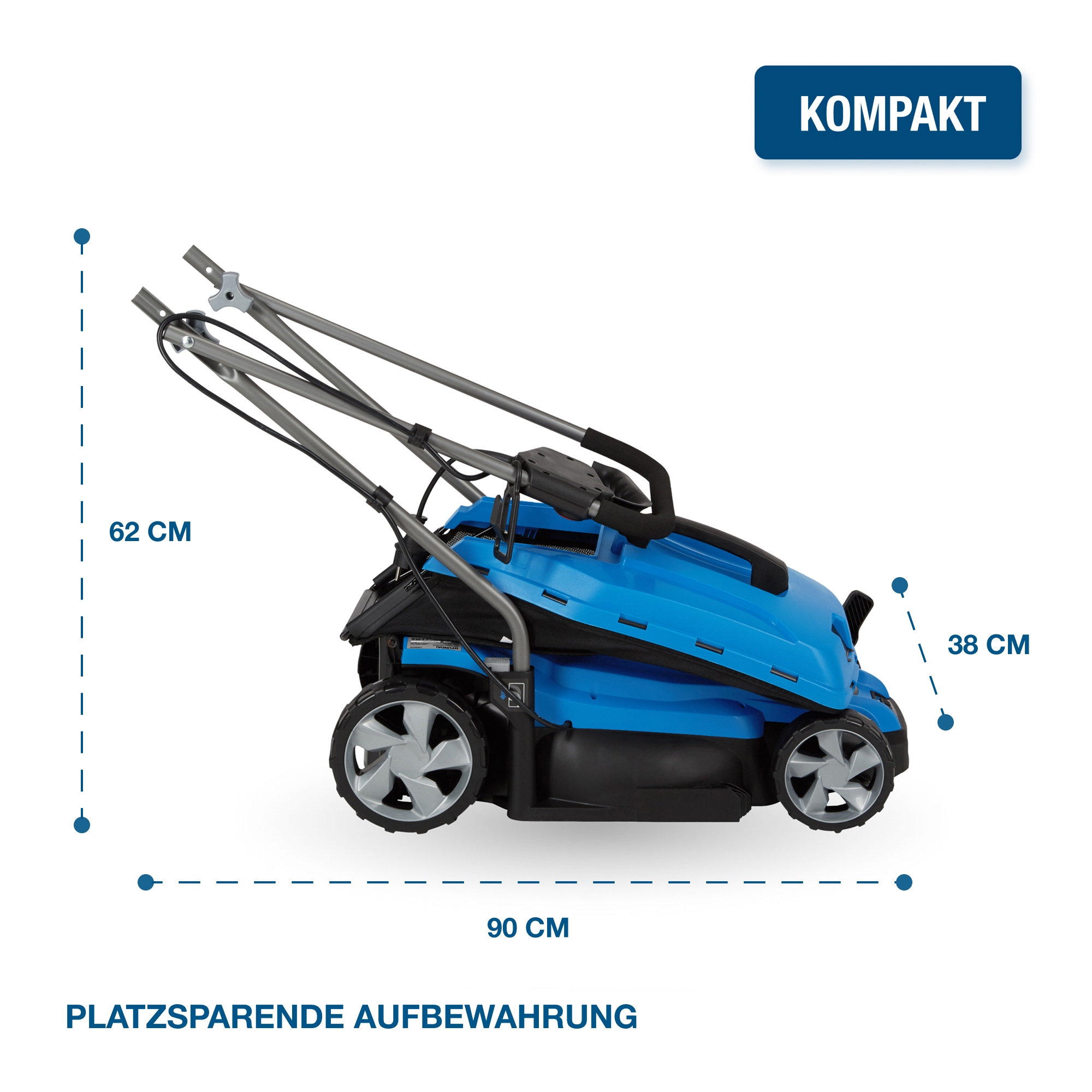 Blauer Rasenmäher mit grauen Griffen, Rädern und schwarzer Basis, Abmessungen sind angegeben.