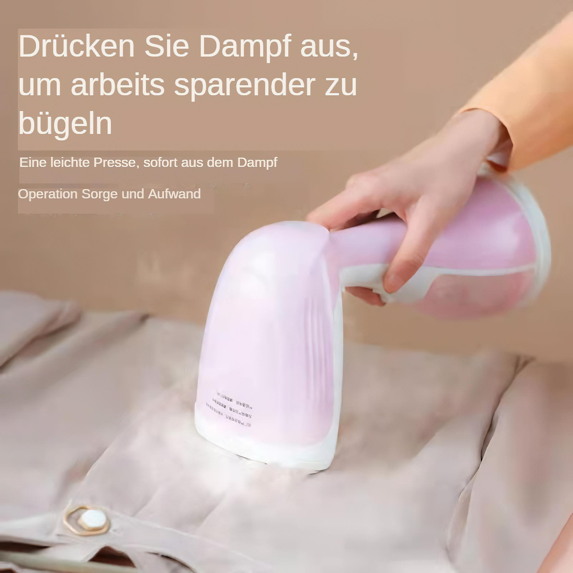 Eine Person verwendet einen rosa Kleidungsdampfer auf Kleidung, mit deutschem Text zum Dampfbügeln.