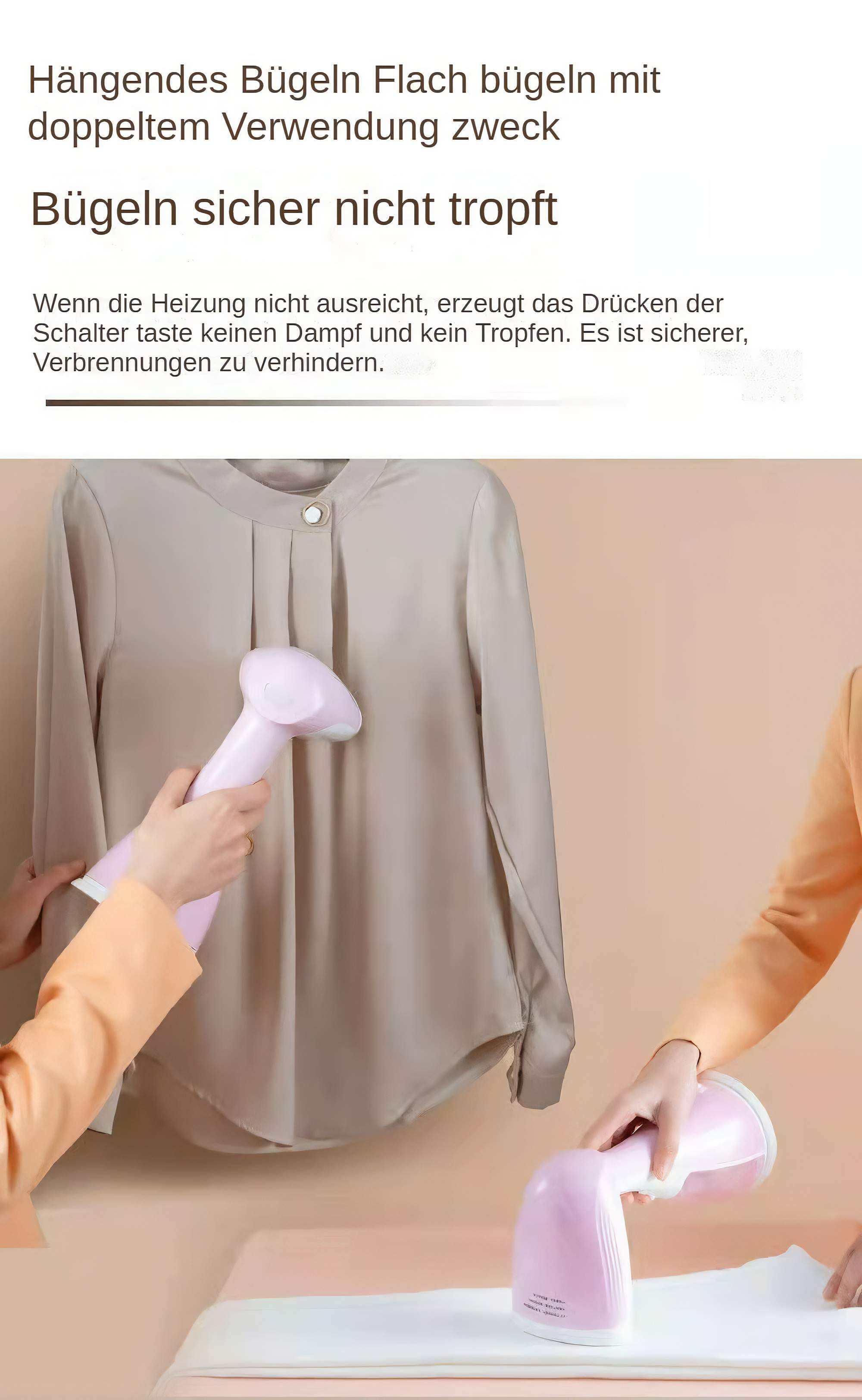 Eine Person, die ein Hemd mit einem rosa Handdampfer bügelt. Das Hemd liegt auf einer weißen Oberfläche.
