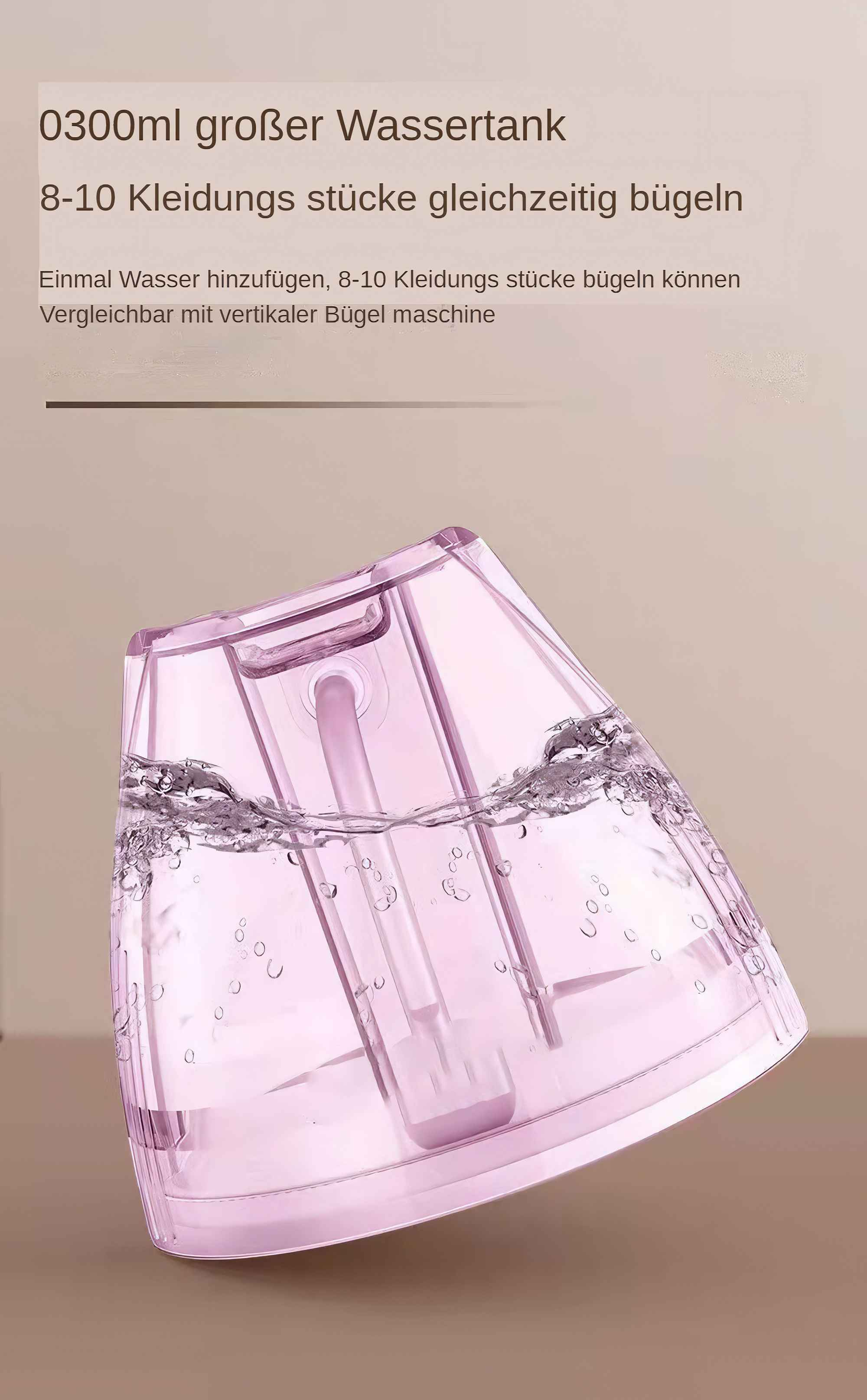 Klarer rosa Wassertank gefüllt mit Wasser, zeigt interne Komponenten und einen rosa Körper.