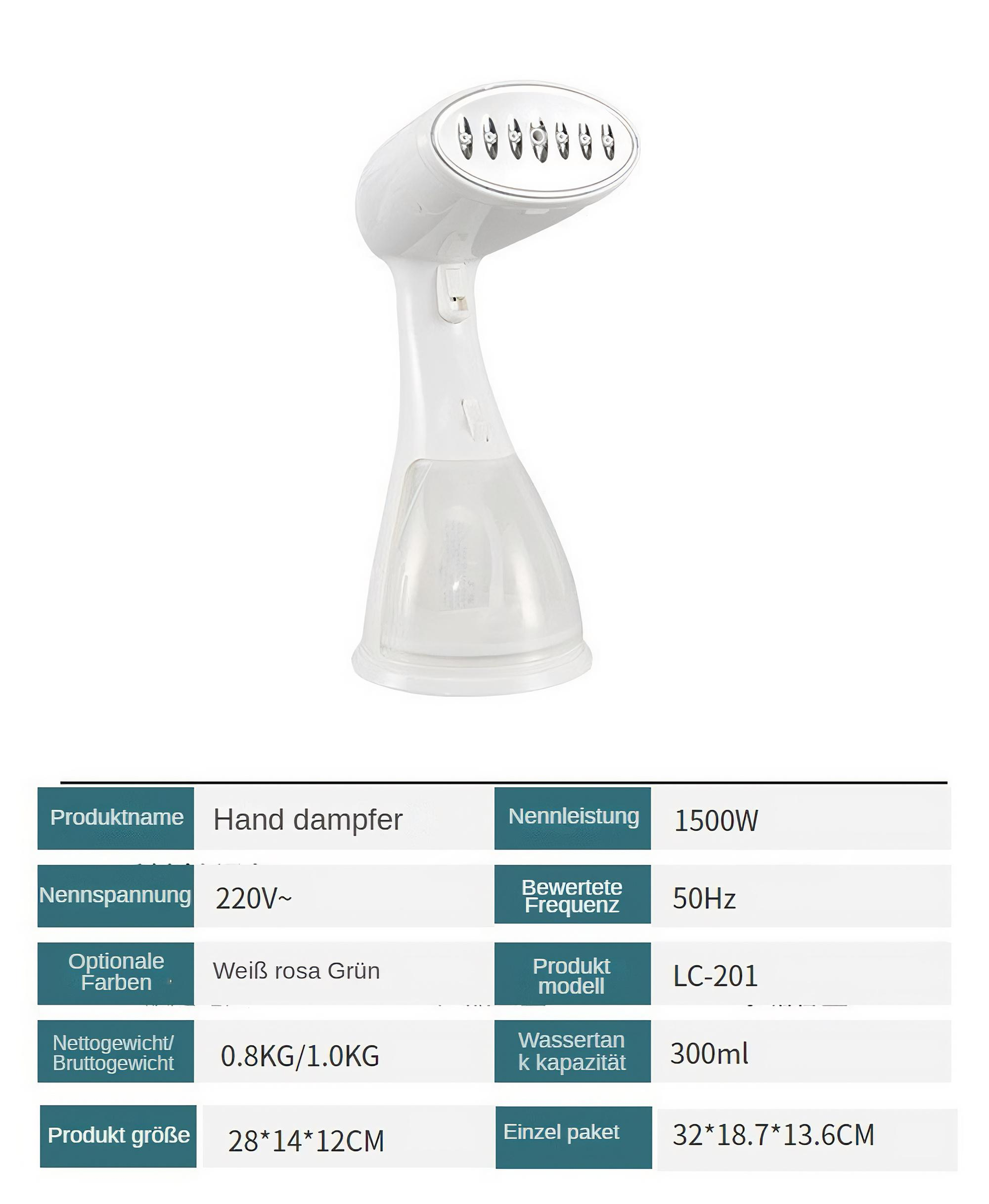 Ein weißer Handdampfer mit Spezifikationen und einer Tabelle. Der Dampfer hat einen transparenten Wassertank.