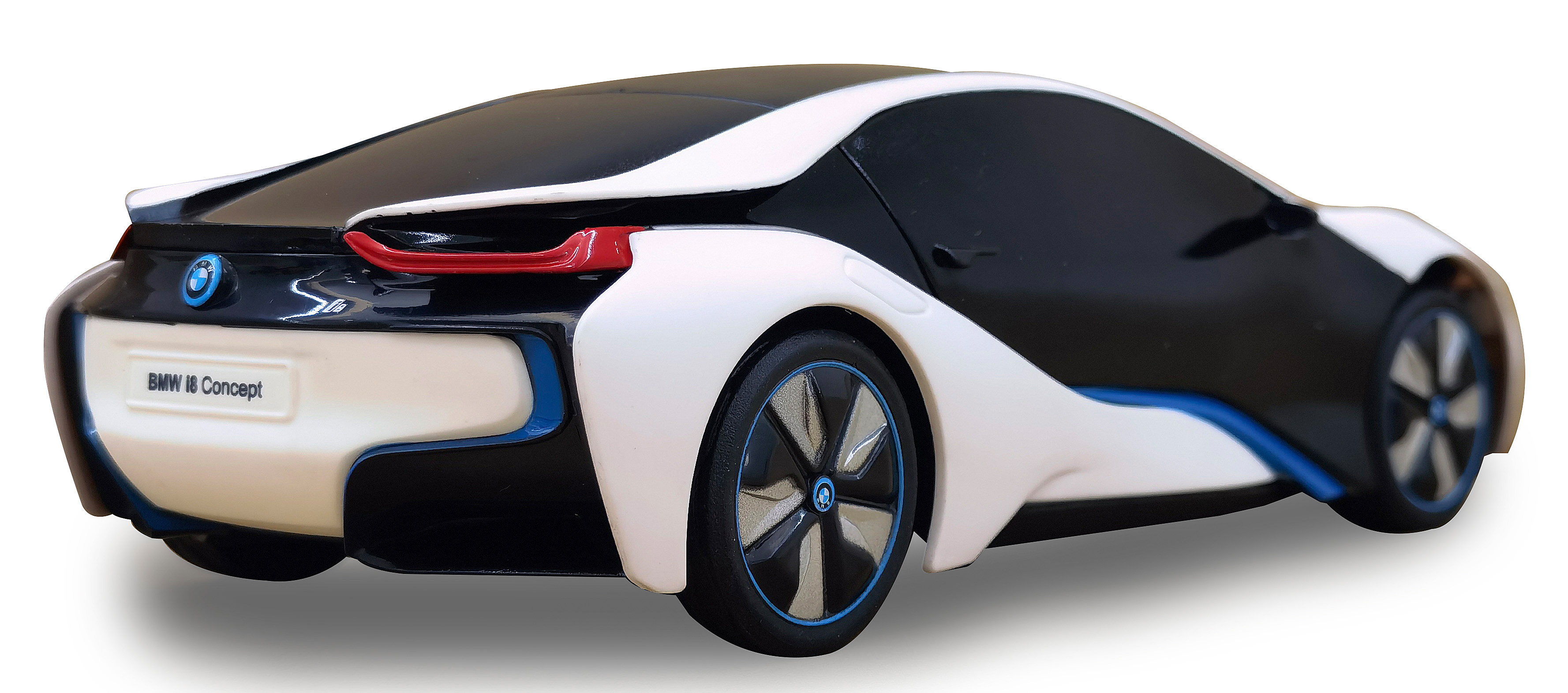 Die Rückansicht eines weißen, schwarzen und blauen BMW i8 Spielzeugautos. Es hat den Text BMW i8 Concept.