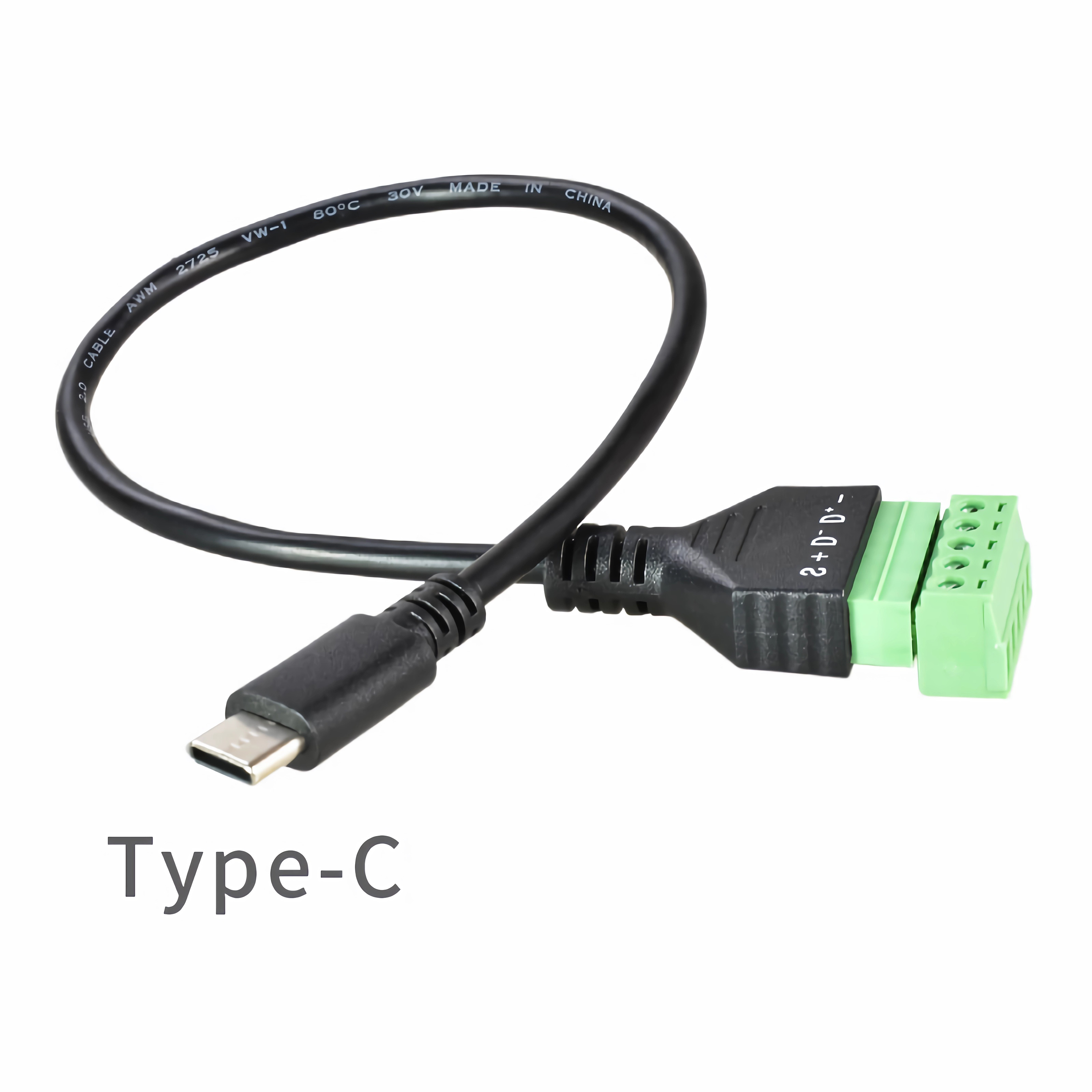 Ein schwarzes USB-C-Kabel mit einem grünen Klemmenblock. Das Kabel hat einen Typ-C-Anschluss.