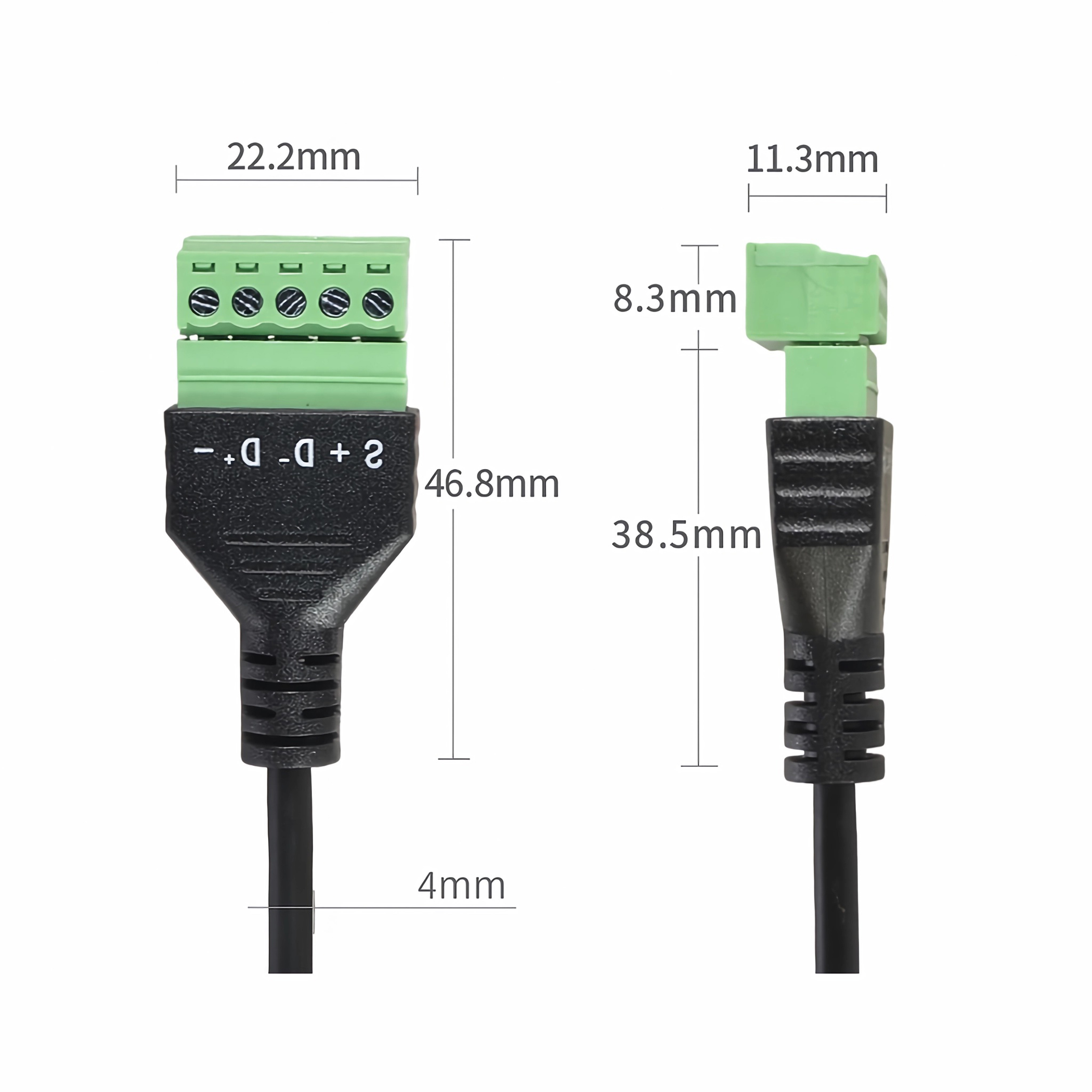Zwei elektrische Anschlüsse. Einer ist grün mit mehreren Pins, der andere ist schwarz mit grünen Klemmen. Abmessungen werden gezeigt.