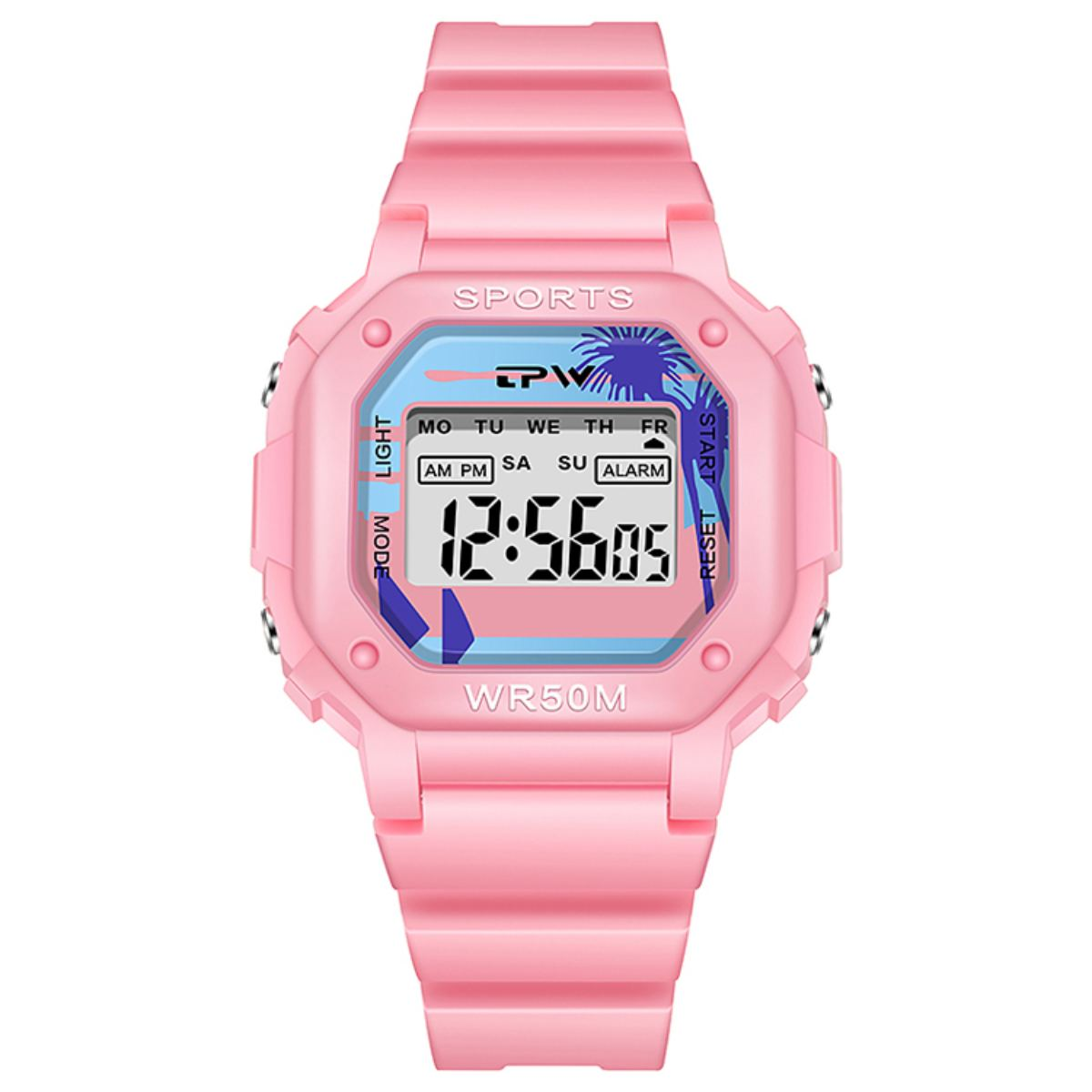 Eine rosa Sportuhr mit Digitalanzeige, auf rosa Hintergrund.