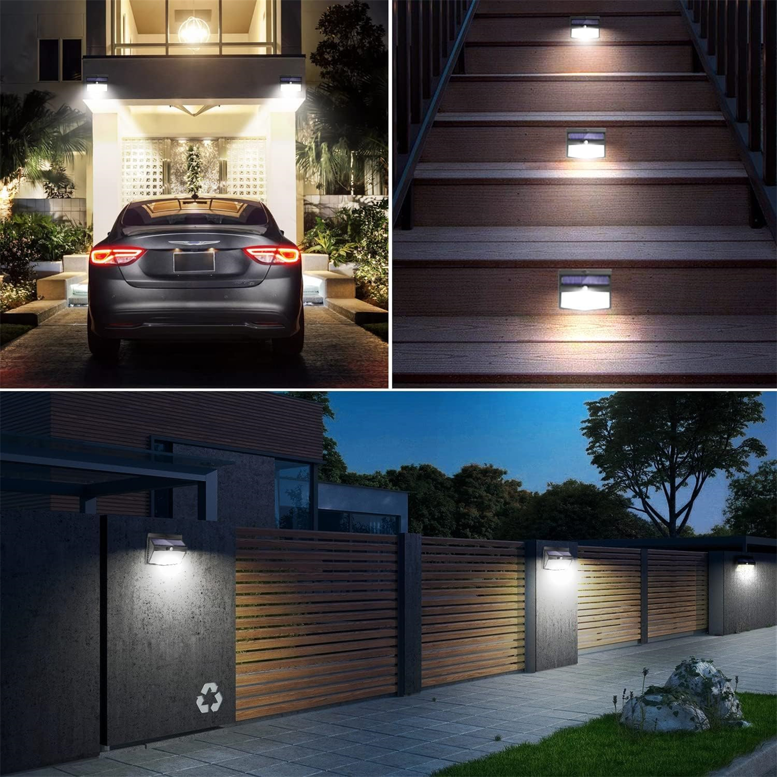 Mehrere Ansichten von Solarlampen, die ein Auto, Treppen, einen Zaun und eine Veranda beleuchten.