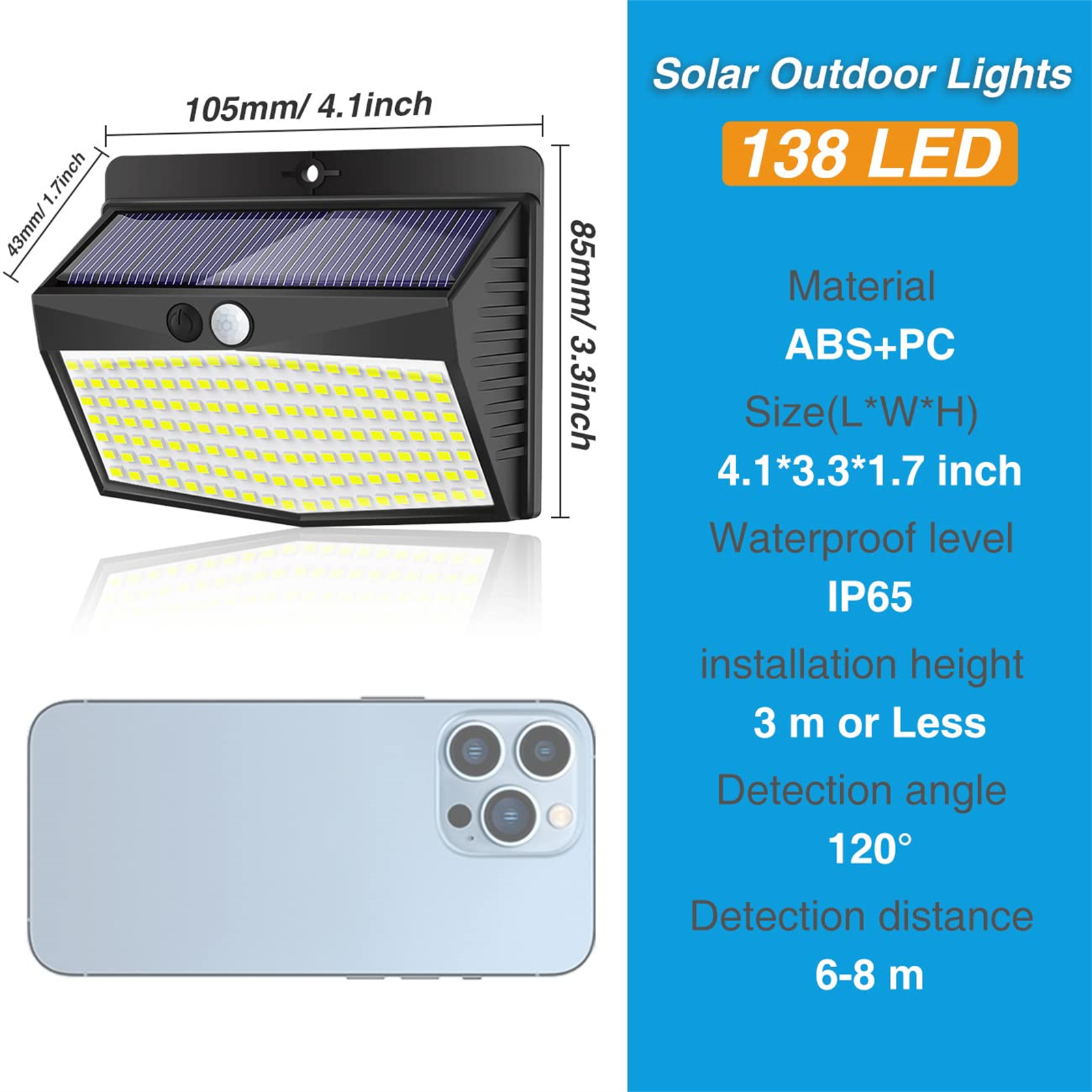 Schwarzes Solar-Außenlicht mit Abmessungen, 138 LED-Leuchten und einem Smartphone. Text gibt Produktspezifikationen an.