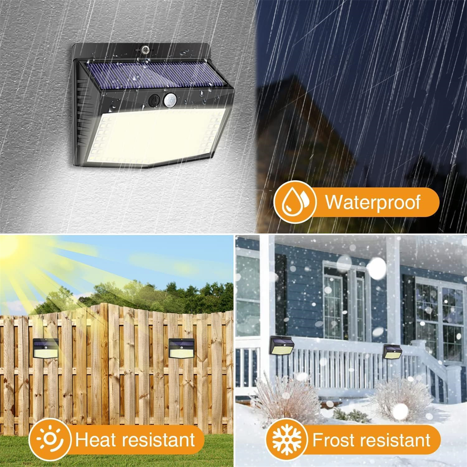Vier Bilder, die Solarlampen unter verschiedenen Bedingungen zeigen: Regen, Sonne, Hitze und Frostbeständigkeit.