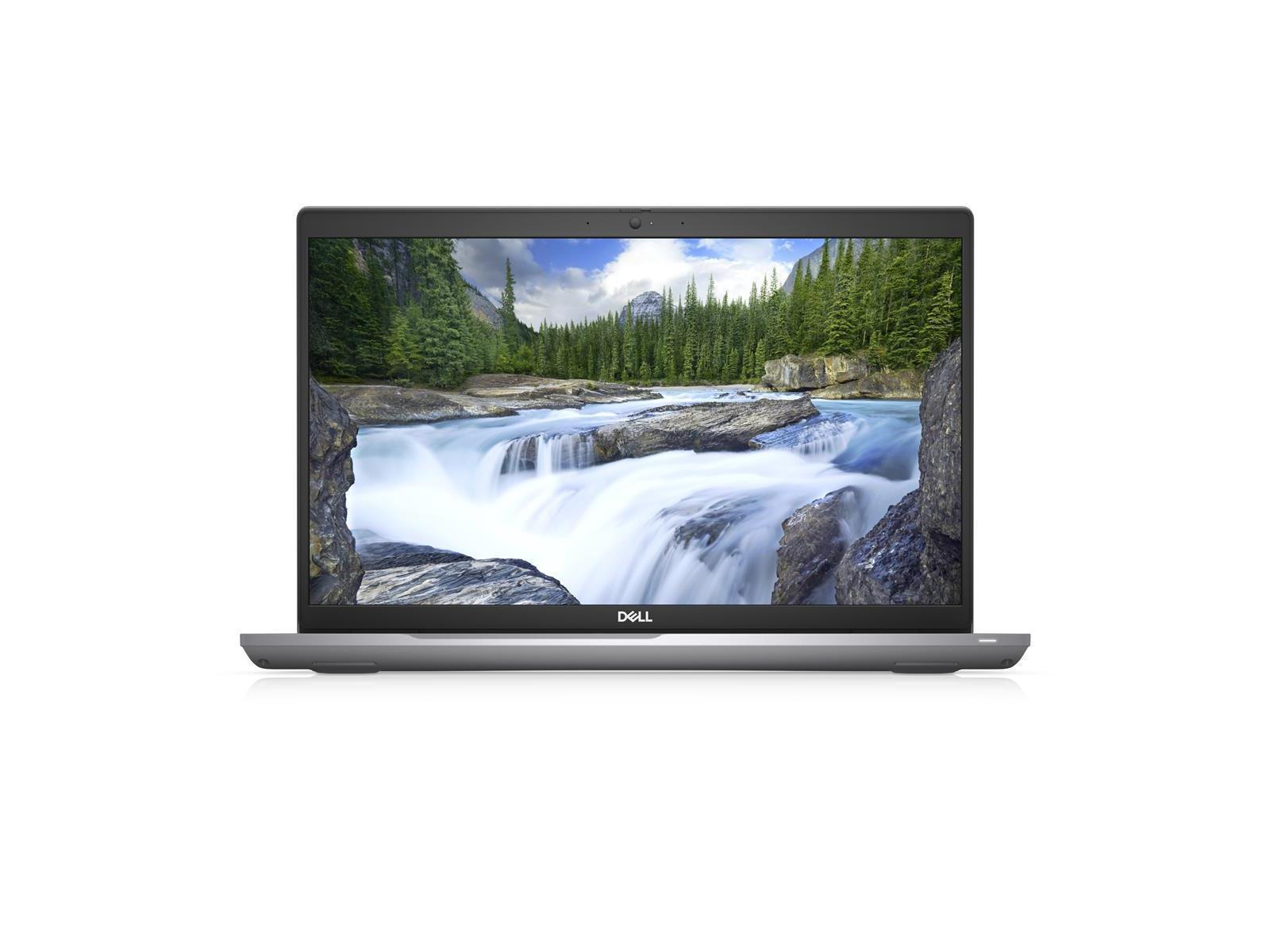 Ein Laptop-Bildschirm zeigt einen Wasserfall, der in einen Fluss stürzt, umgeben von grünem Wald.