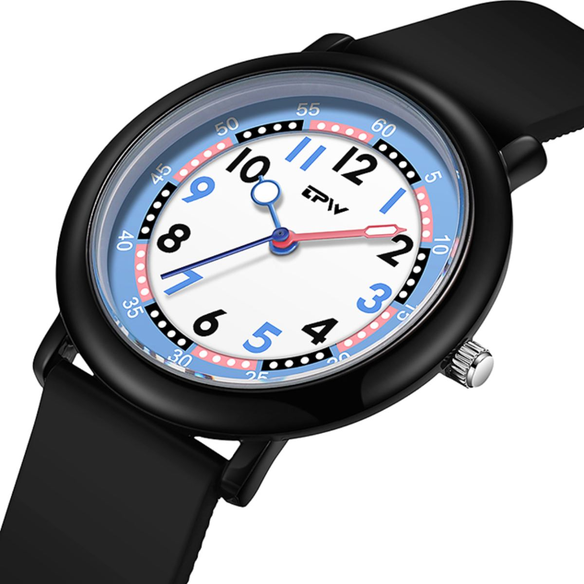 Eine schwarze Uhr mit blauem und weißem Zifferblatt. Die Uhr hat Zahlen und Zeiger.