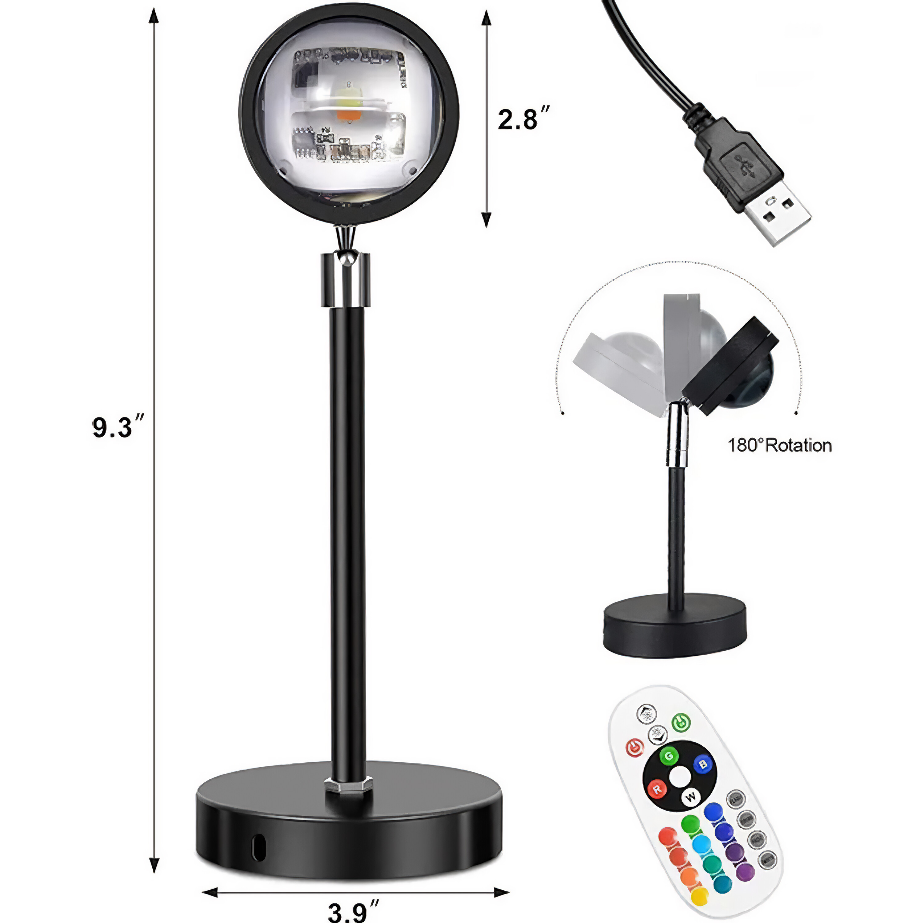 Schwarze Lampe mit rundem Licht. Es hat einen Ständer und eine Fernbedienung.